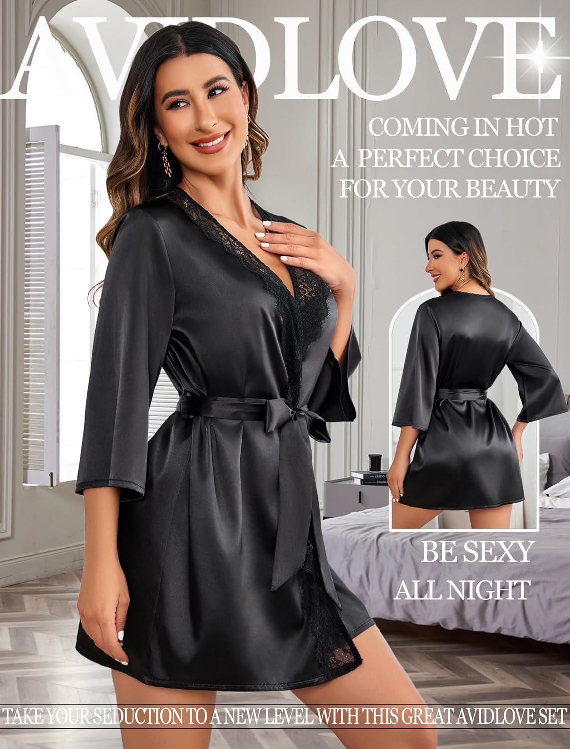 imageAvidlove Womens Kimono Robe Short Satin Pure Short Silky RobesBlack