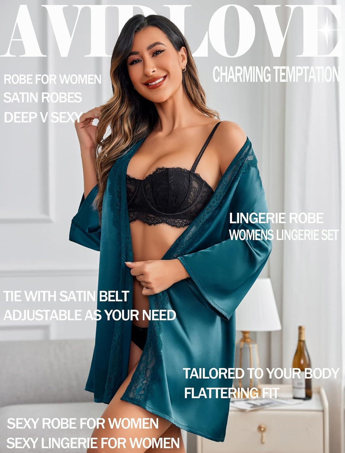 imageAvidlove Womens Kimono Robe Short Satin Pure Short Silky RobesDark Blue