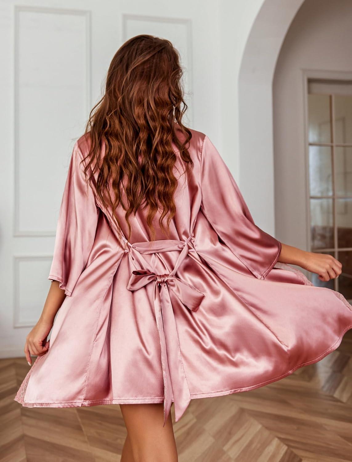 imageAvidlove Womens Kimono Robe Short Satin Pure Short Silky RobesPinkbridesmaid