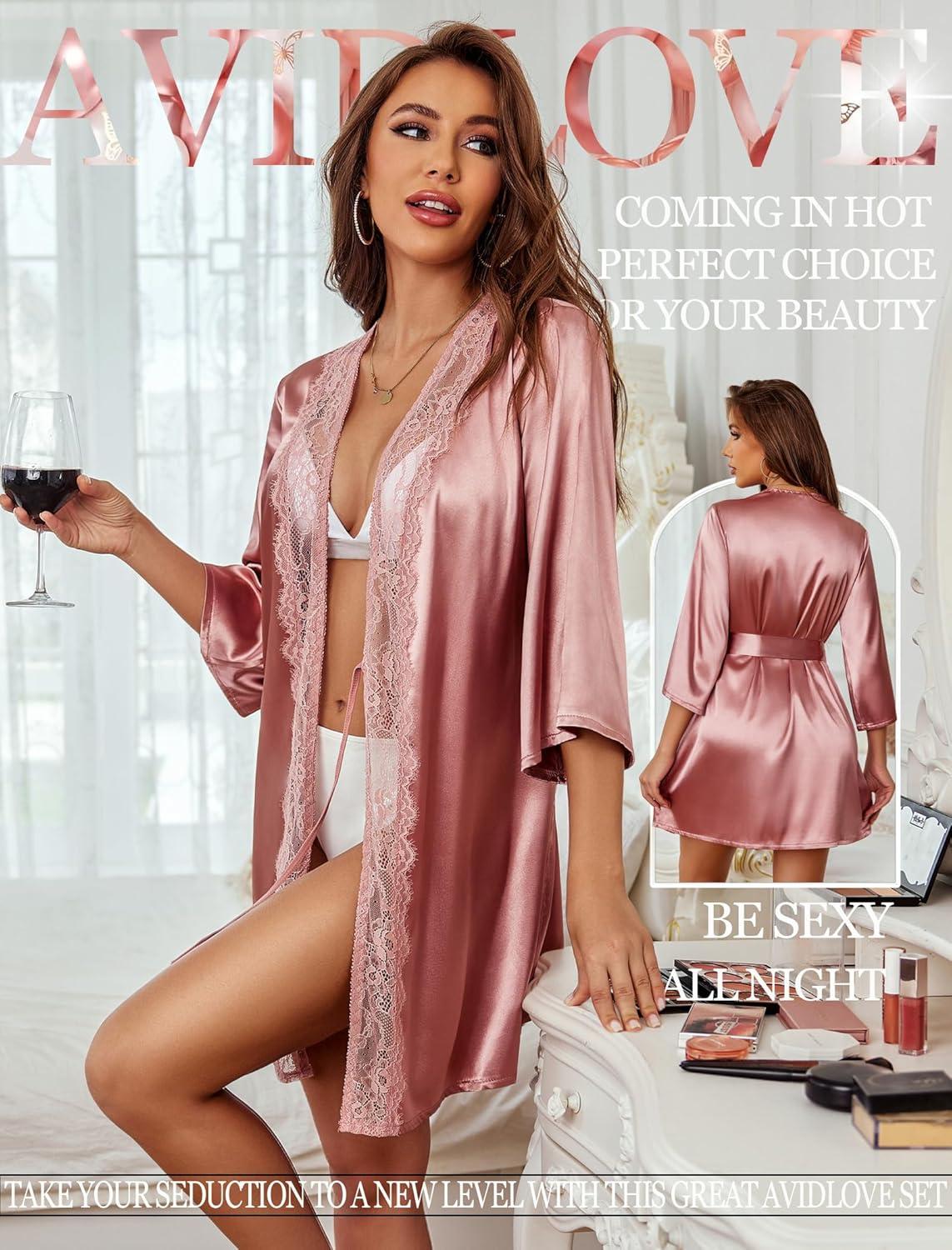 imageAvidlove Womens Kimono Robe Short Satin Pure Short Silky RobesPinkbridesmaid