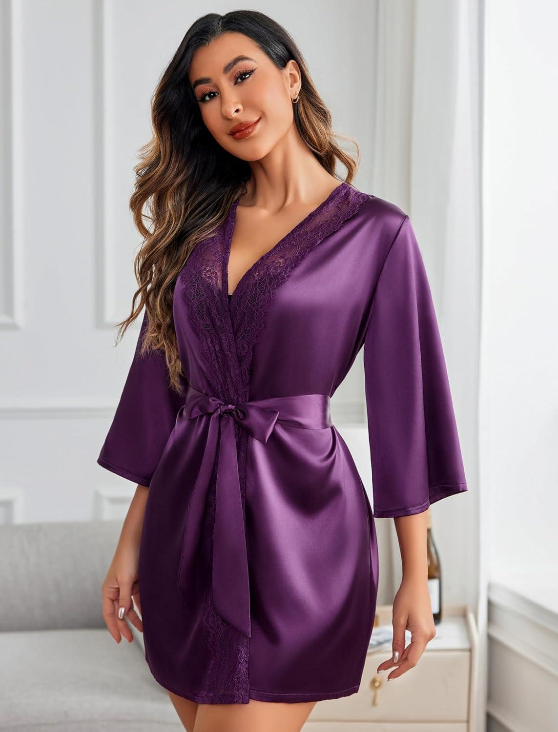 imageAvidlove Womens Kimono Robe Short Satin Pure Short Silky RobesPurple