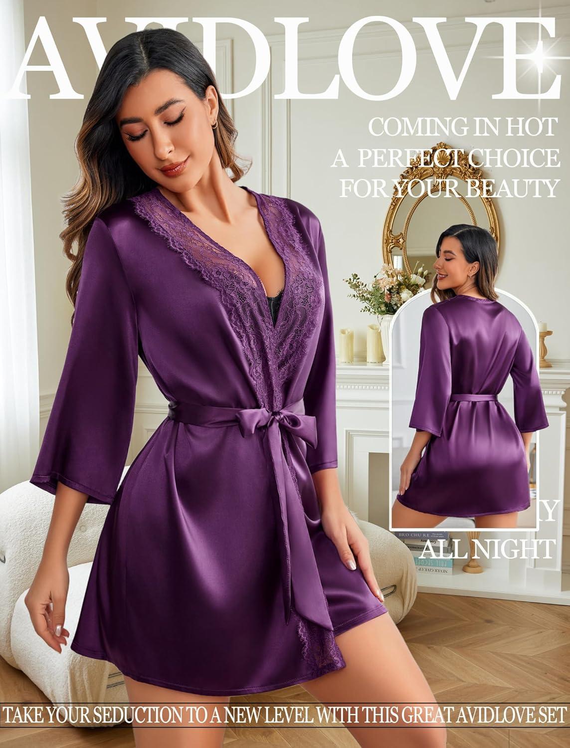 imageAvidlove Womens Kimono Robe Short Satin Pure Short Silky RobesPurple