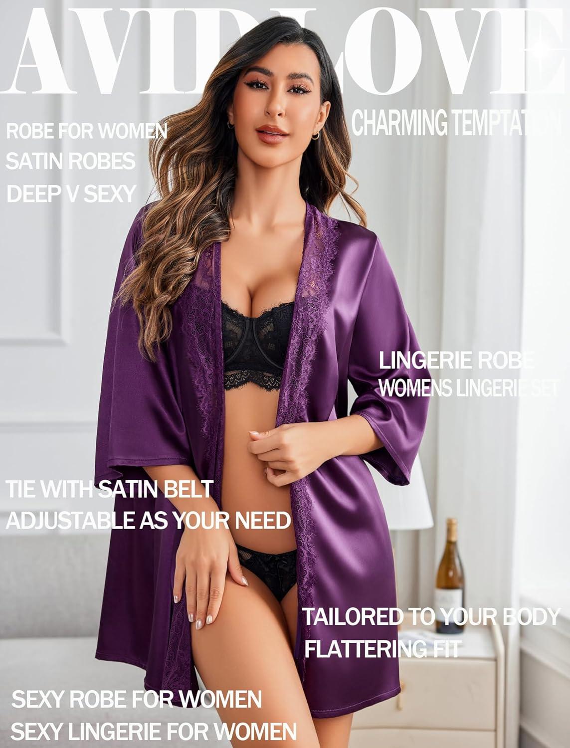 imageAvidlove Womens Kimono Robe Short Satin Pure Short Silky RobesPurple