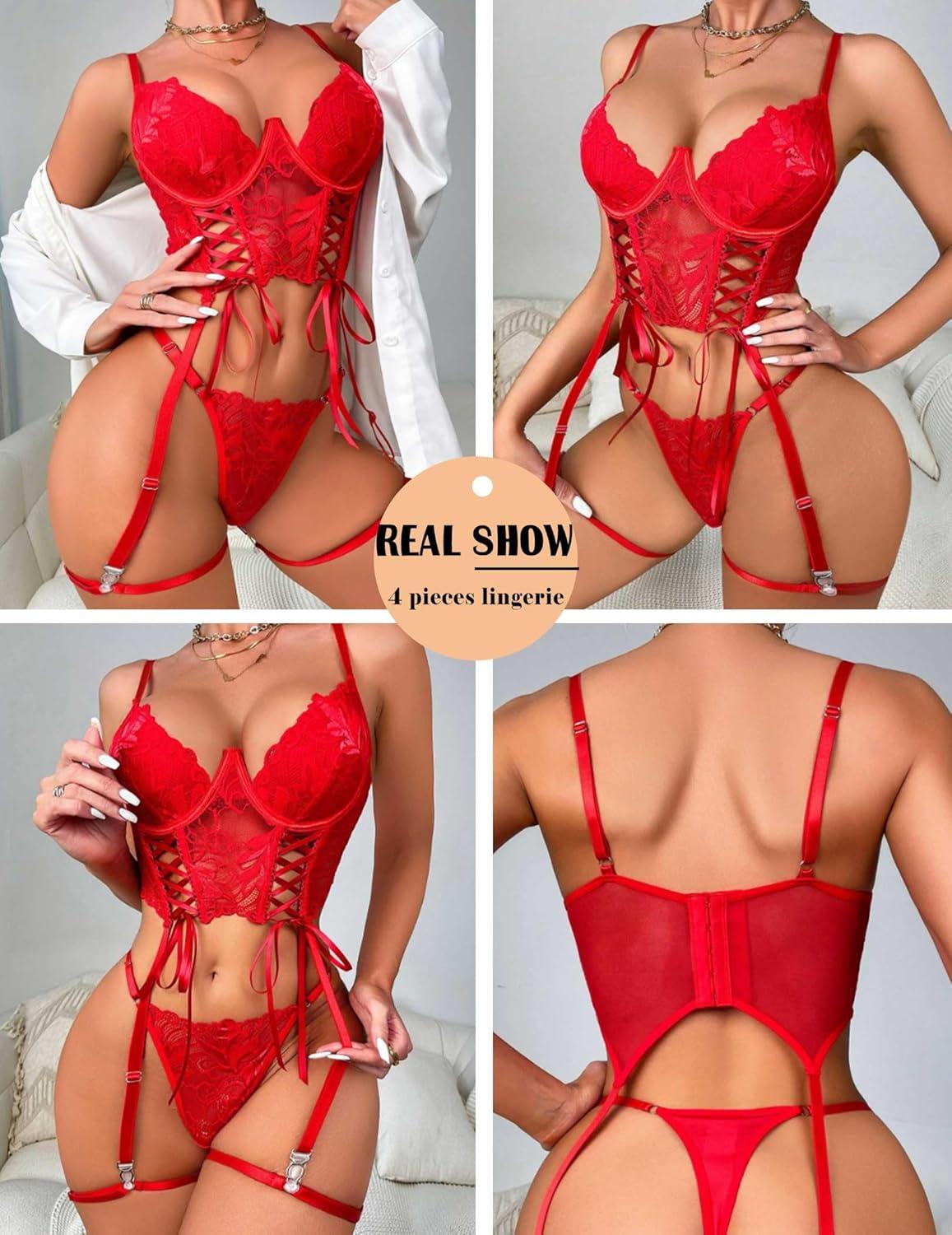 imageAvidlove Womens Lingerie 4 Piece Garter Lingerie Floral Lace Bra and Panty Sets with Underwire SXXLAture Red