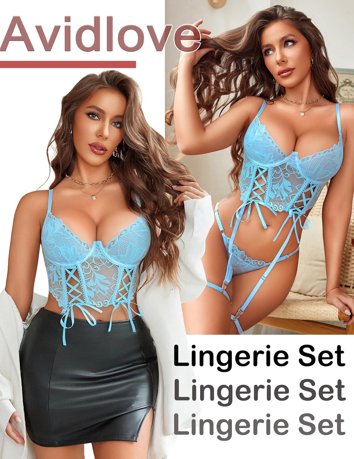 imageAvidlove Womens Lingerie 4 Piece Garter Lingerie Floral Lace Bra and Panty Sets with Underwire SXXLClear Blue