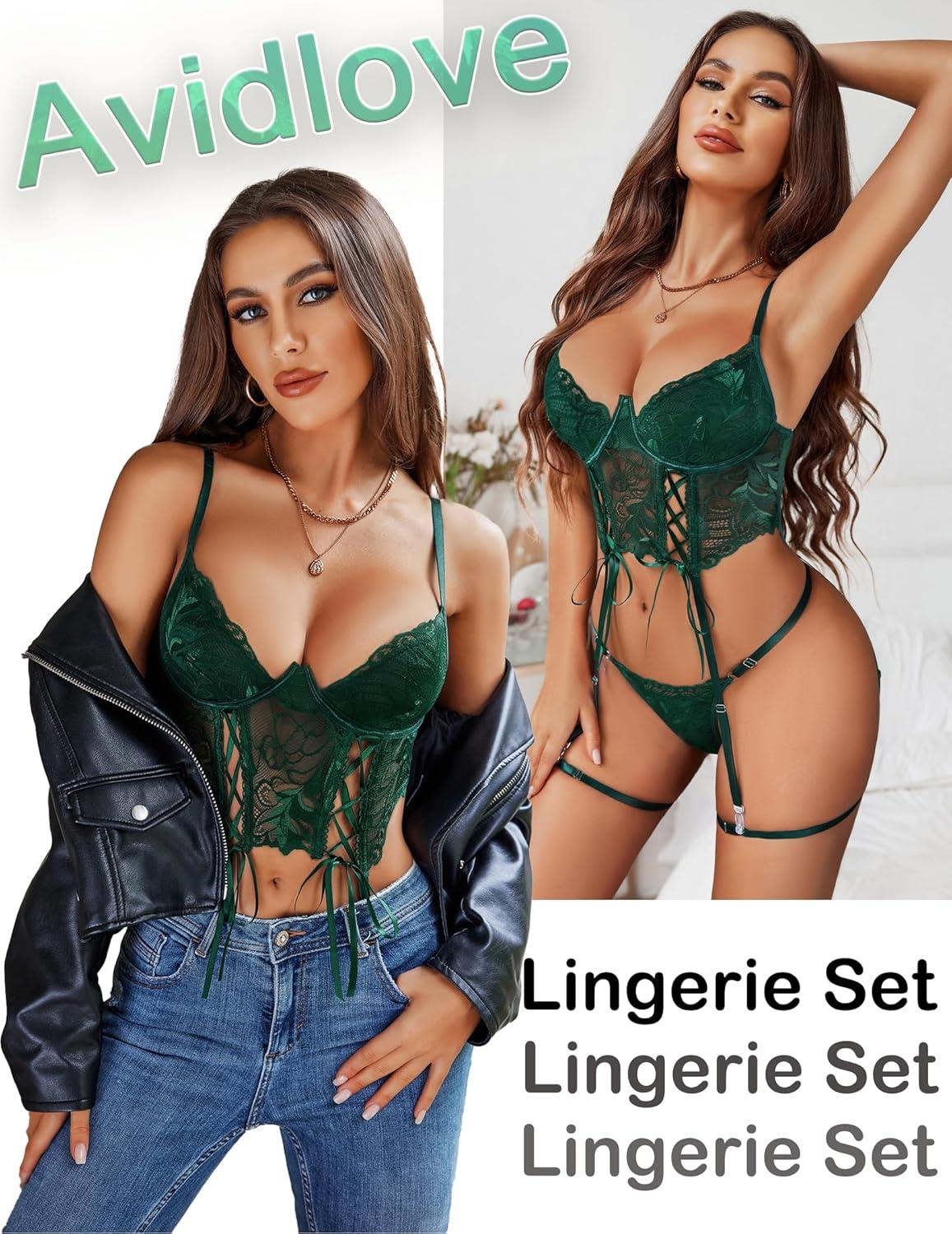imageAvidlove Womens Lingerie 4 Piece Garter Lingerie Floral Lace Bra and Panty Sets with Underwire SXXLGreen