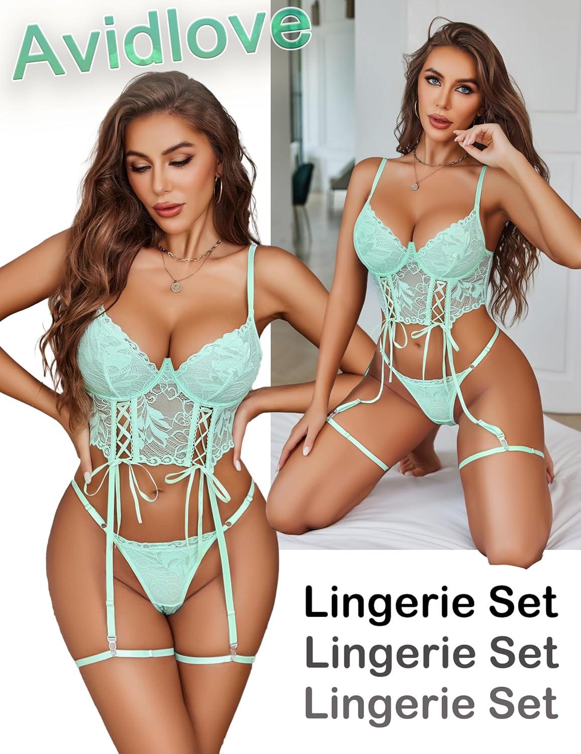imageAvidlove Womens Lingerie 4 Piece Garter Lingerie Floral Lace Bra and Panty Sets with Underwire SXXLLight Green