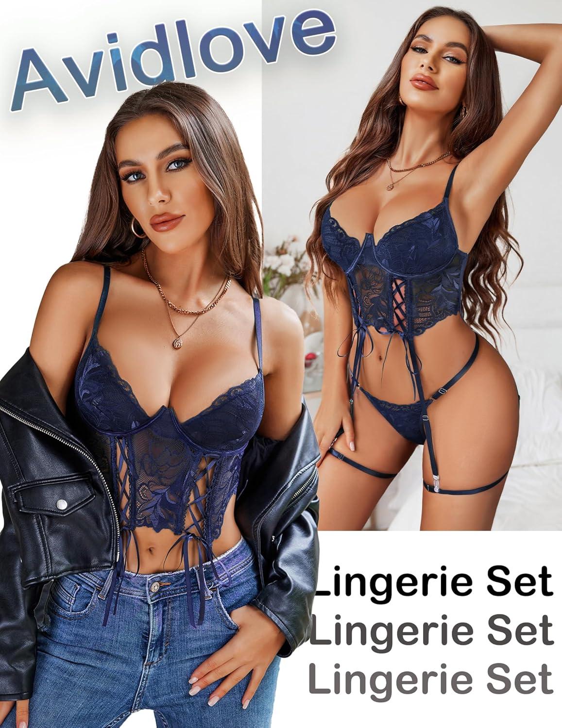 imageAvidlove Womens Lingerie 4 Piece Garter Lingerie Floral Lace Bra and Panty Sets with Underwire SXXLNavy Blue