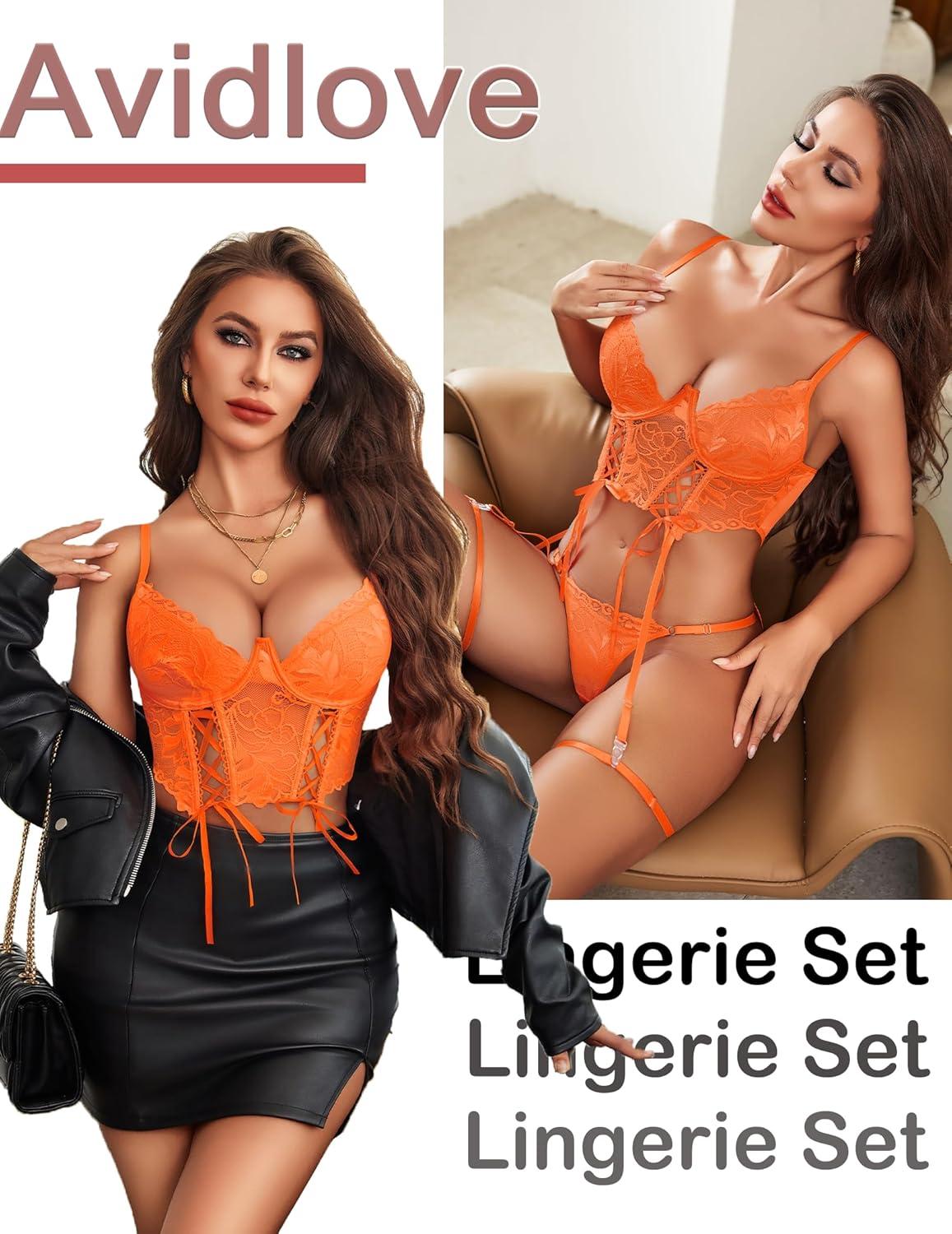 imageAvidlove Womens Lingerie 4 Piece Garter Lingerie Floral Lace Bra and Panty Sets with Underwire SXXLOrange