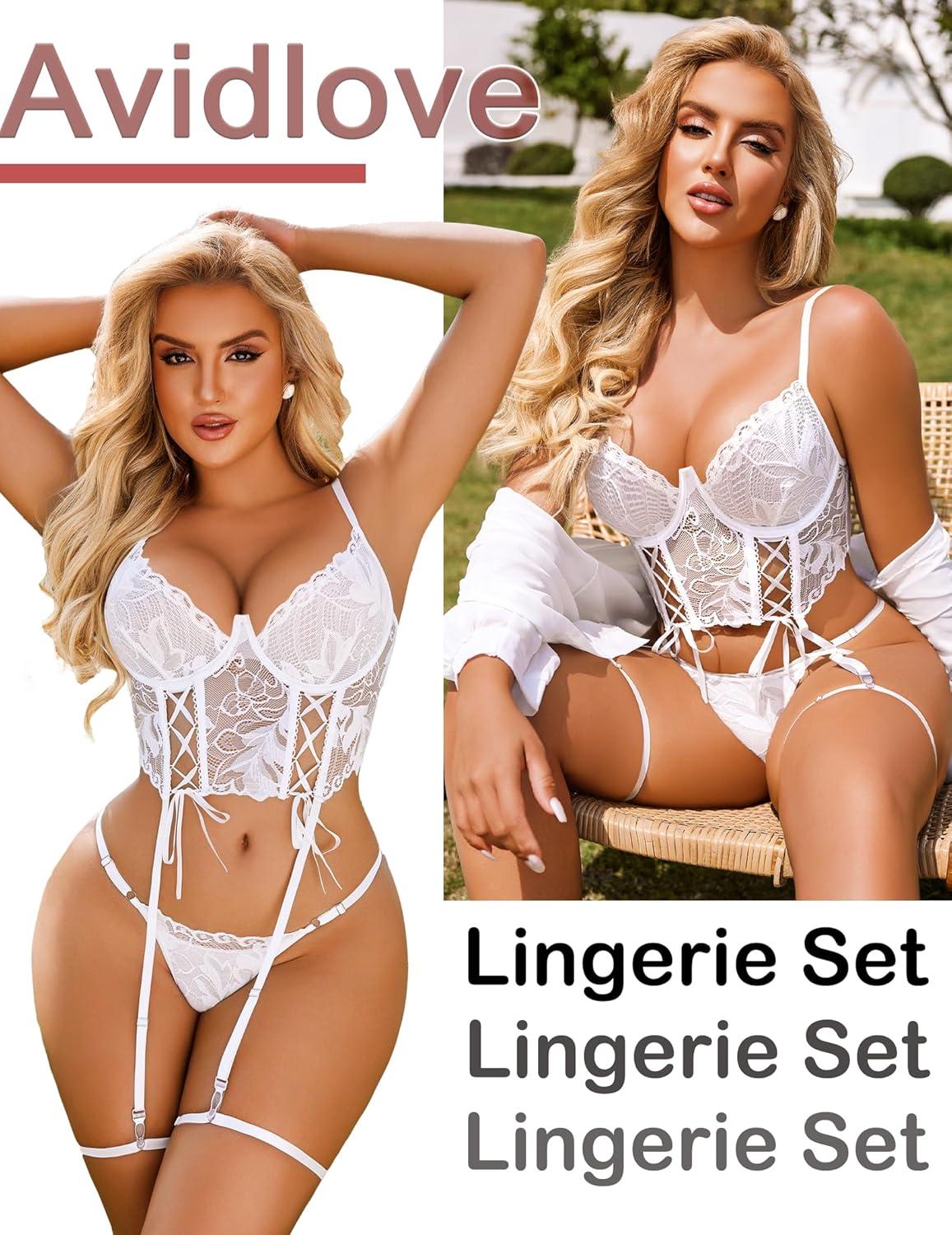 imageAvidlove Womens Lingerie 4 Piece Garter Lingerie Floral Lace Bra and Panty Sets with Underwire SXXLWhite