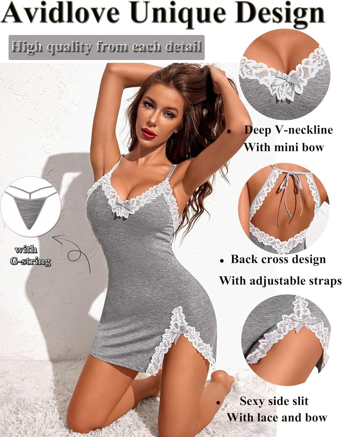 imageAvidlove Womens Lingerie Sexy Lace Babydoll V Neck Sleepwear Cotton Nightgowns for Women Chemise1 Grey
