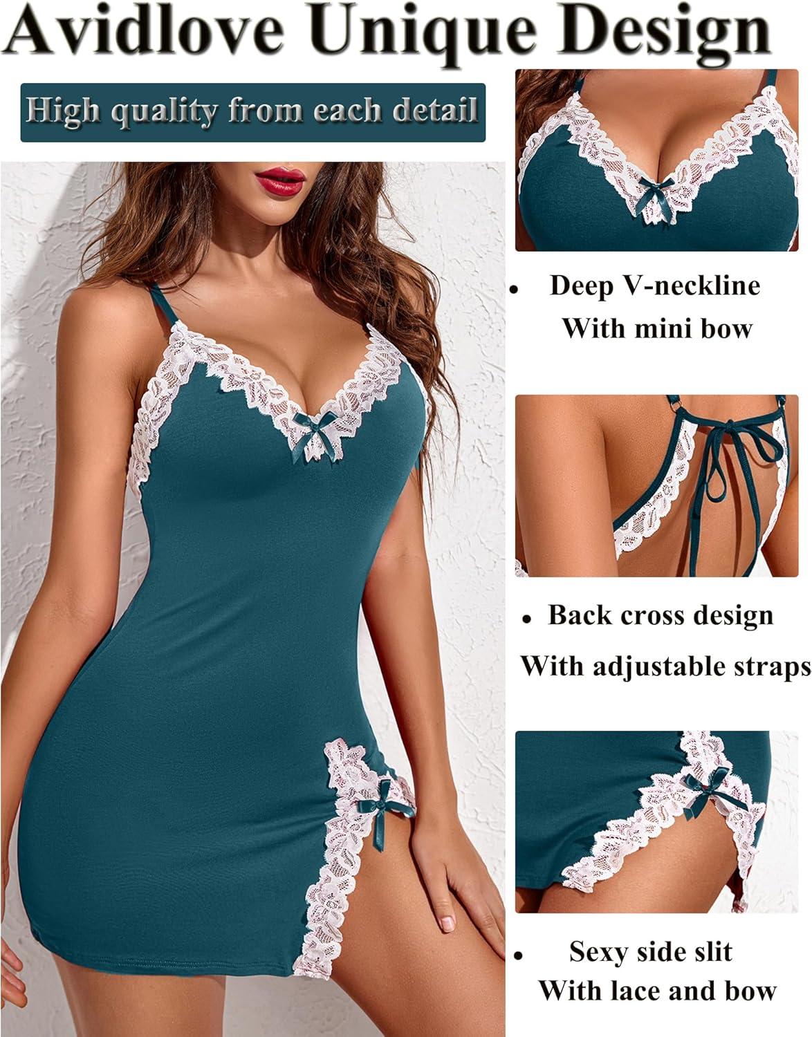 imageAvidlove Womens Lingerie Sexy Lace Babydoll V Neck Sleepwear Cotton Nightgowns for Women ChemiseBlue Green