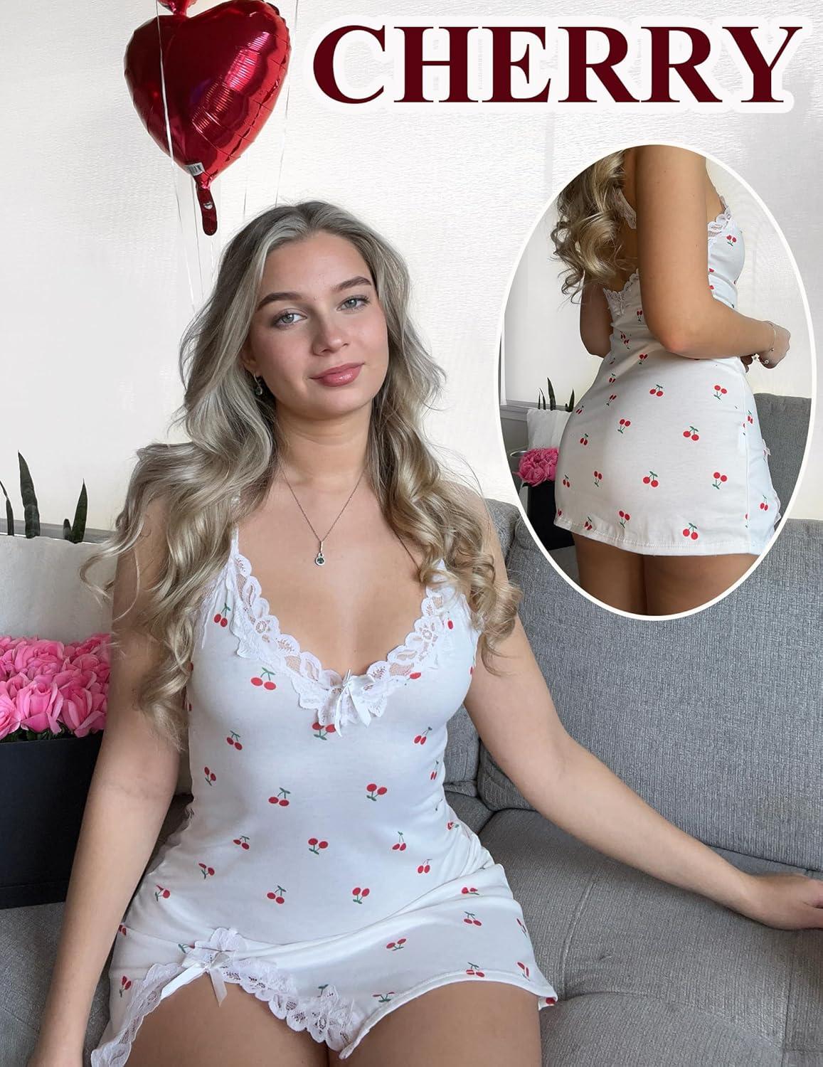 imageAvidlove Womens Lingerie Sexy Lace Babydoll V Neck Sleepwear Cotton Nightgowns for Women ChemiseCherry Print