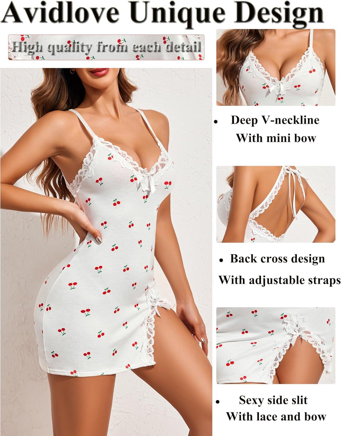 imageAvidlove Womens Lingerie Sexy Lace Babydoll V Neck Sleepwear Cotton Nightgowns for Women ChemiseCherry Print