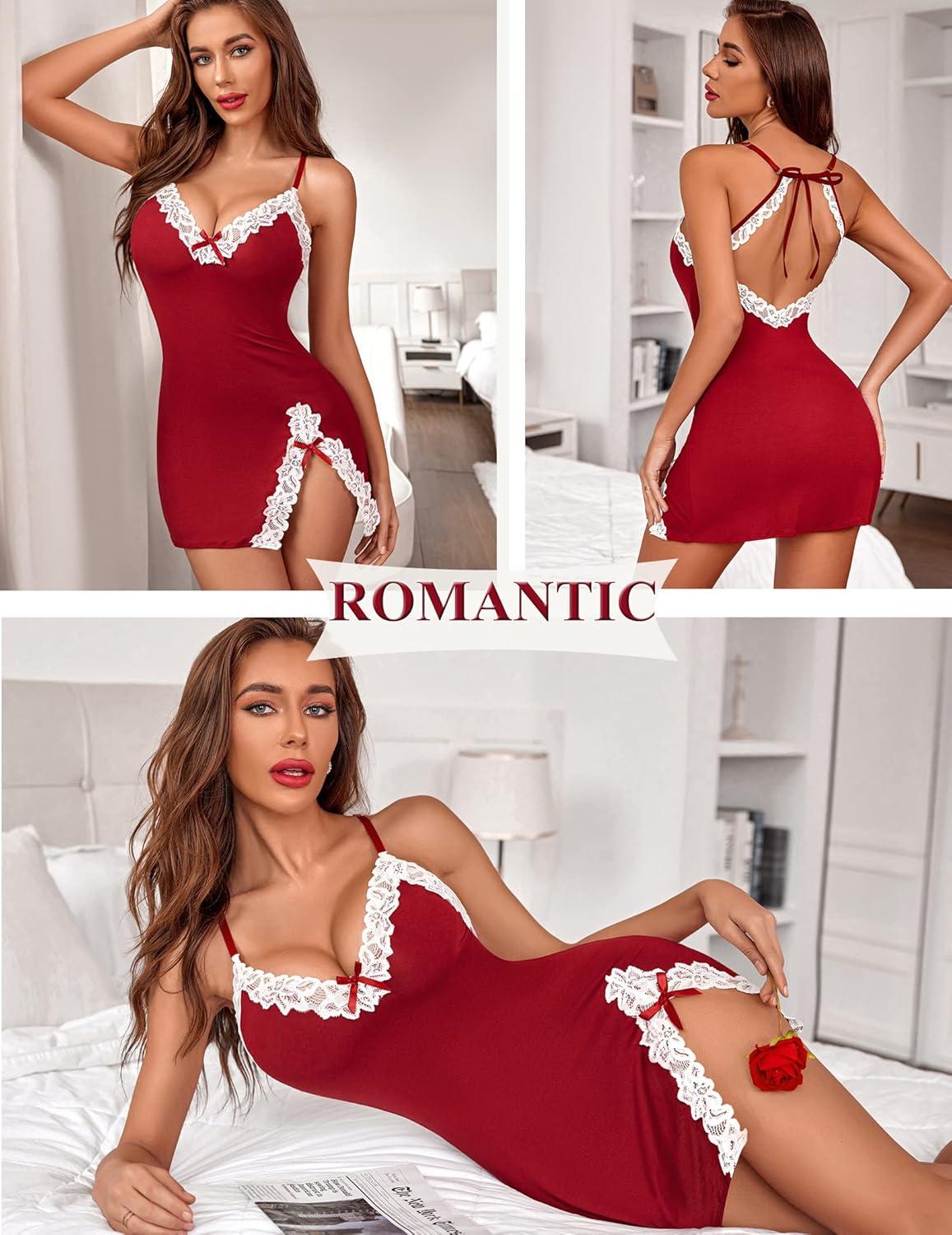 imageAvidlove Womens Lingerie Sexy Lace Babydoll V Neck Sleepwear Cotton Nightgowns for Women ChemiseCwine Red