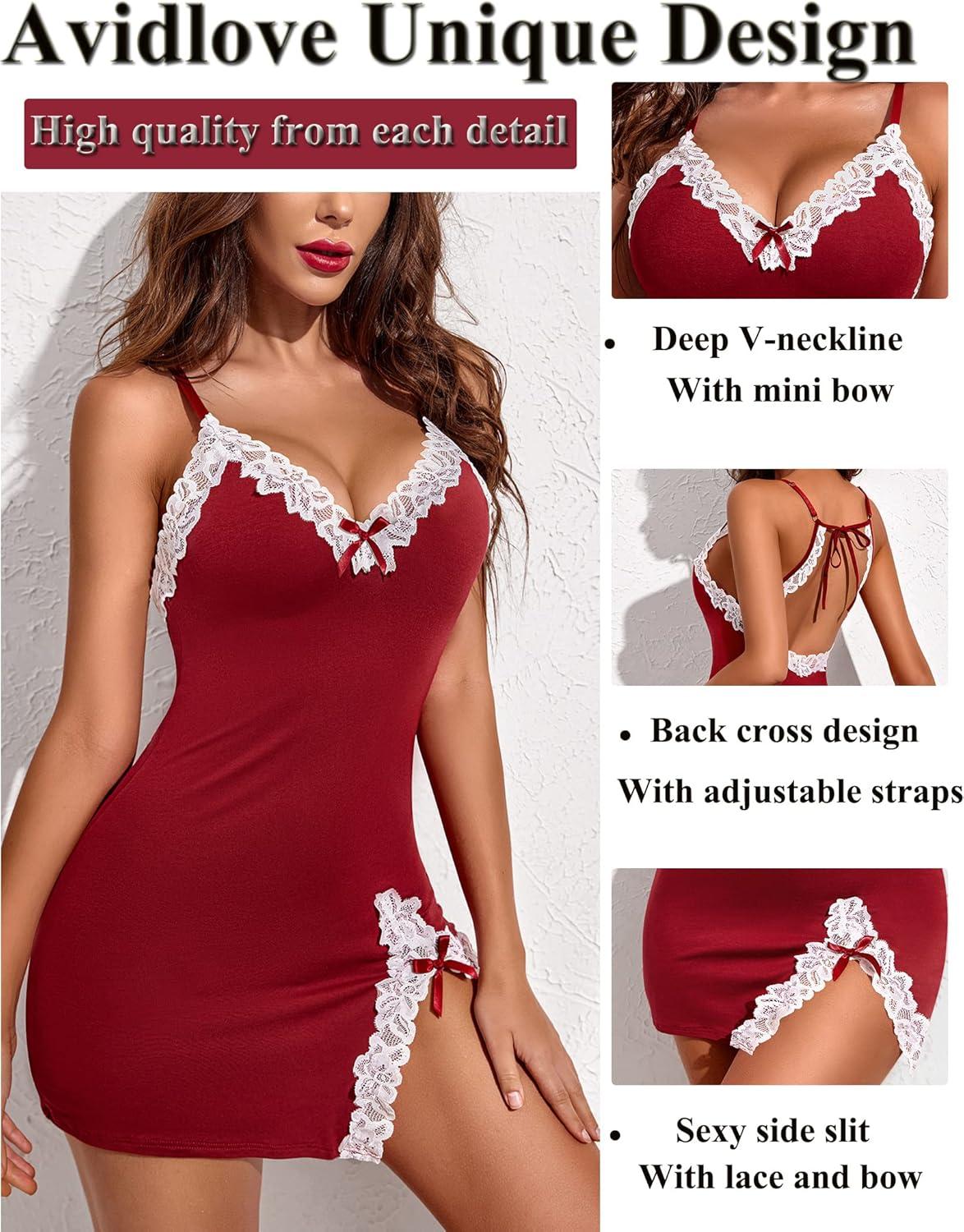 imageAvidlove Womens Lingerie Sexy Lace Babydoll V Neck Sleepwear Cotton Nightgowns for Women ChemiseCwine Red