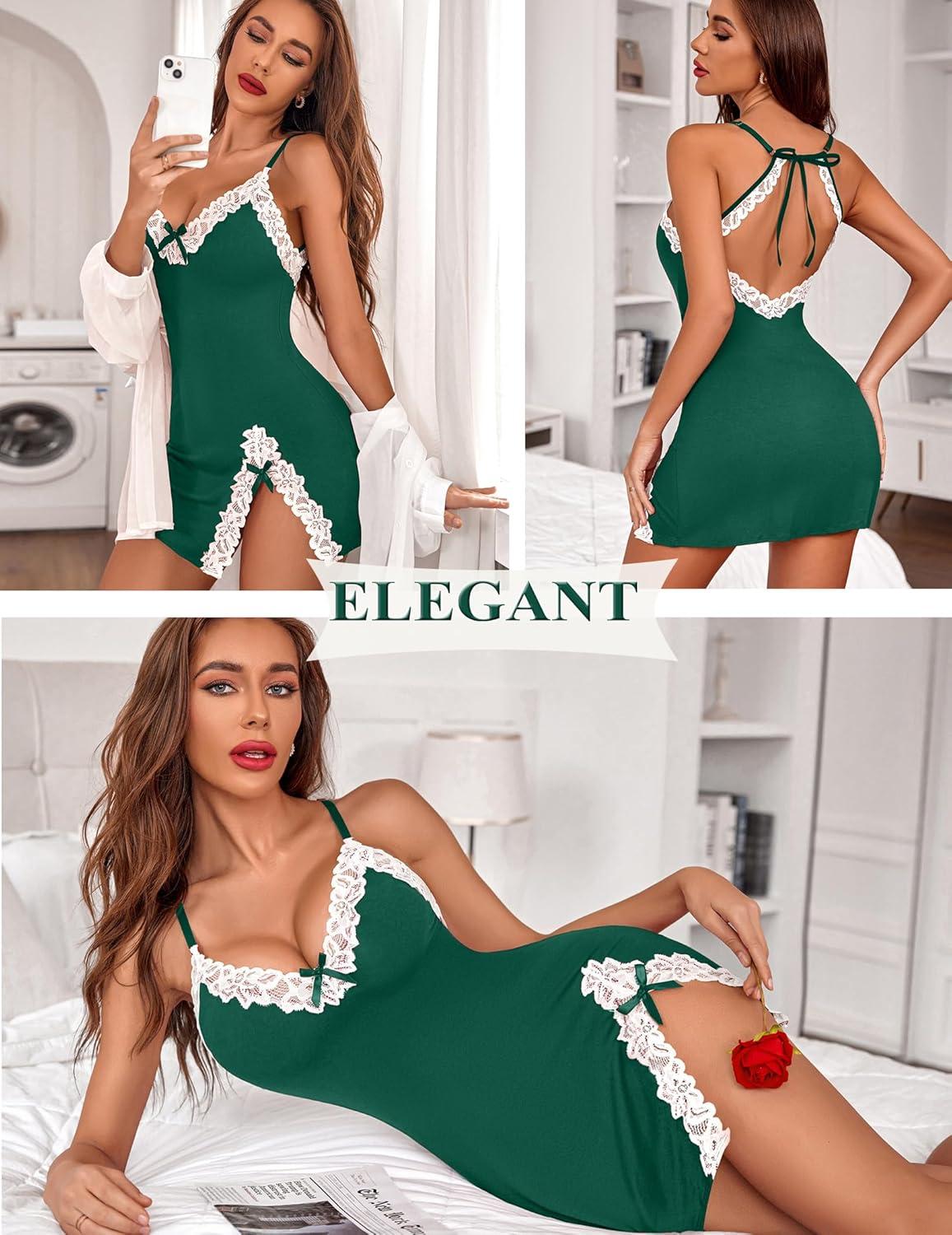 imageAvidlove Womens Lingerie Sexy Lace Babydoll V Neck Sleepwear Cotton Nightgowns for Women ChemiseGreen