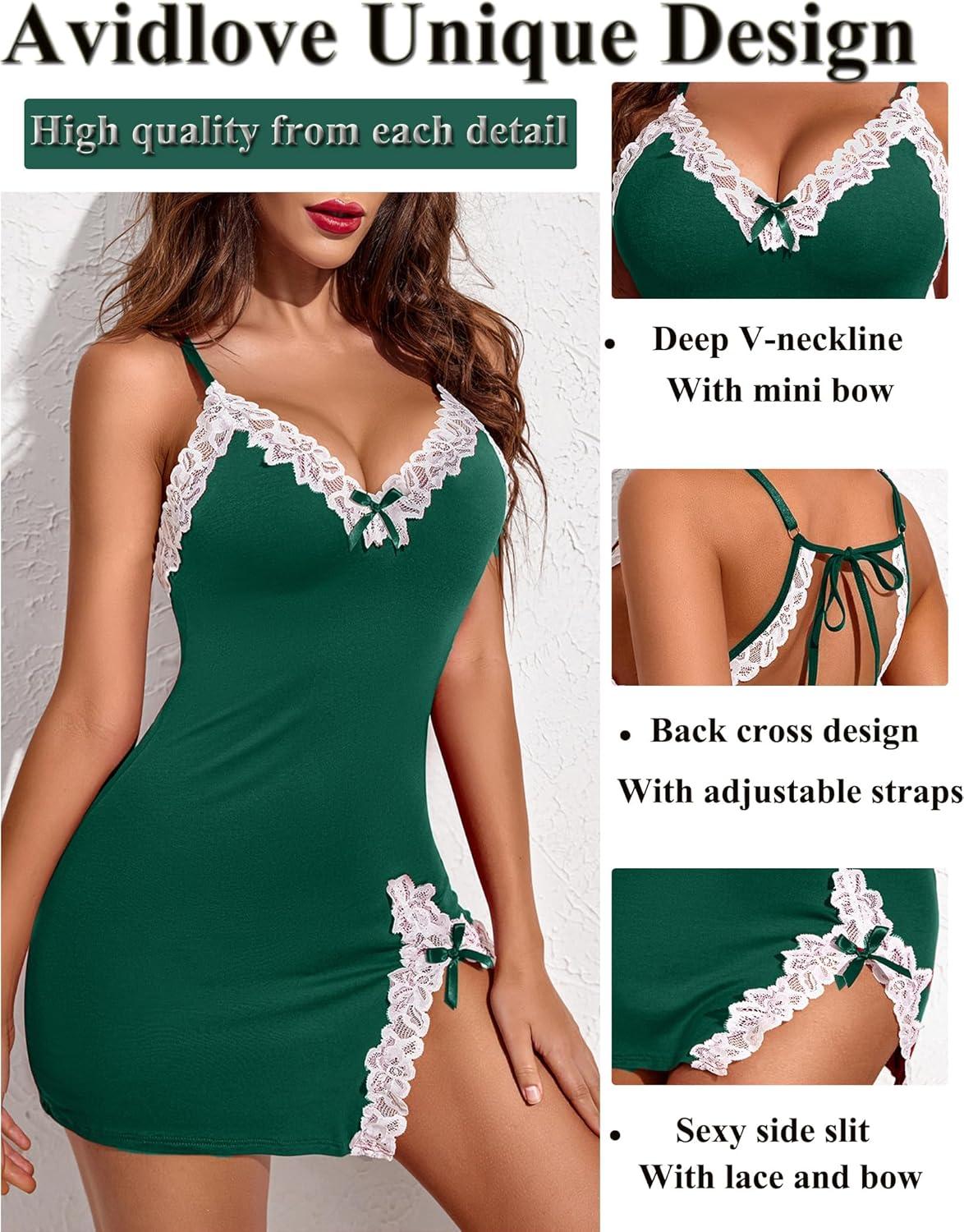 imageAvidlove Womens Lingerie Sexy Lace Babydoll V Neck Sleepwear Cotton Nightgowns for Women ChemiseGreen