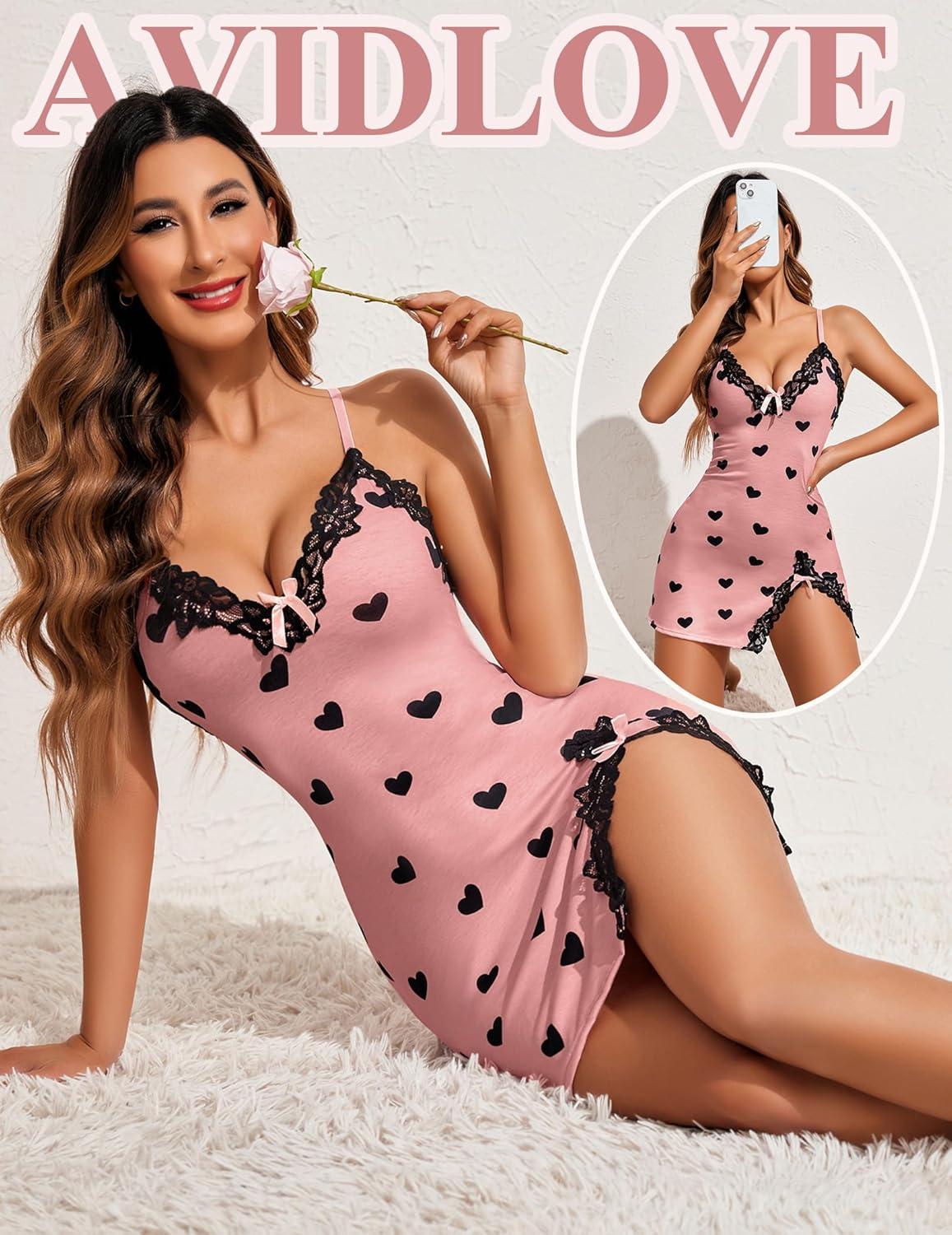 imageAvidlove Womens Lingerie Sexy Lace Babydoll V Neck Sleepwear Cotton Nightgowns for Women ChemiseHeart Print