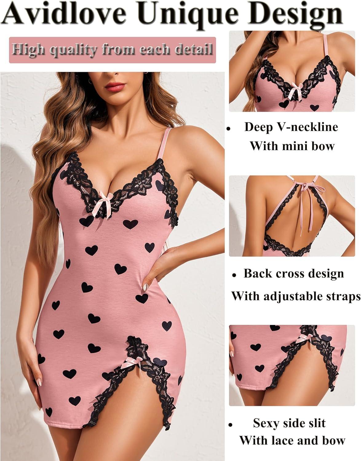 imageAvidlove Womens Lingerie Sexy Lace Babydoll V Neck Sleepwear Cotton Nightgowns for Women ChemiseHeart Print