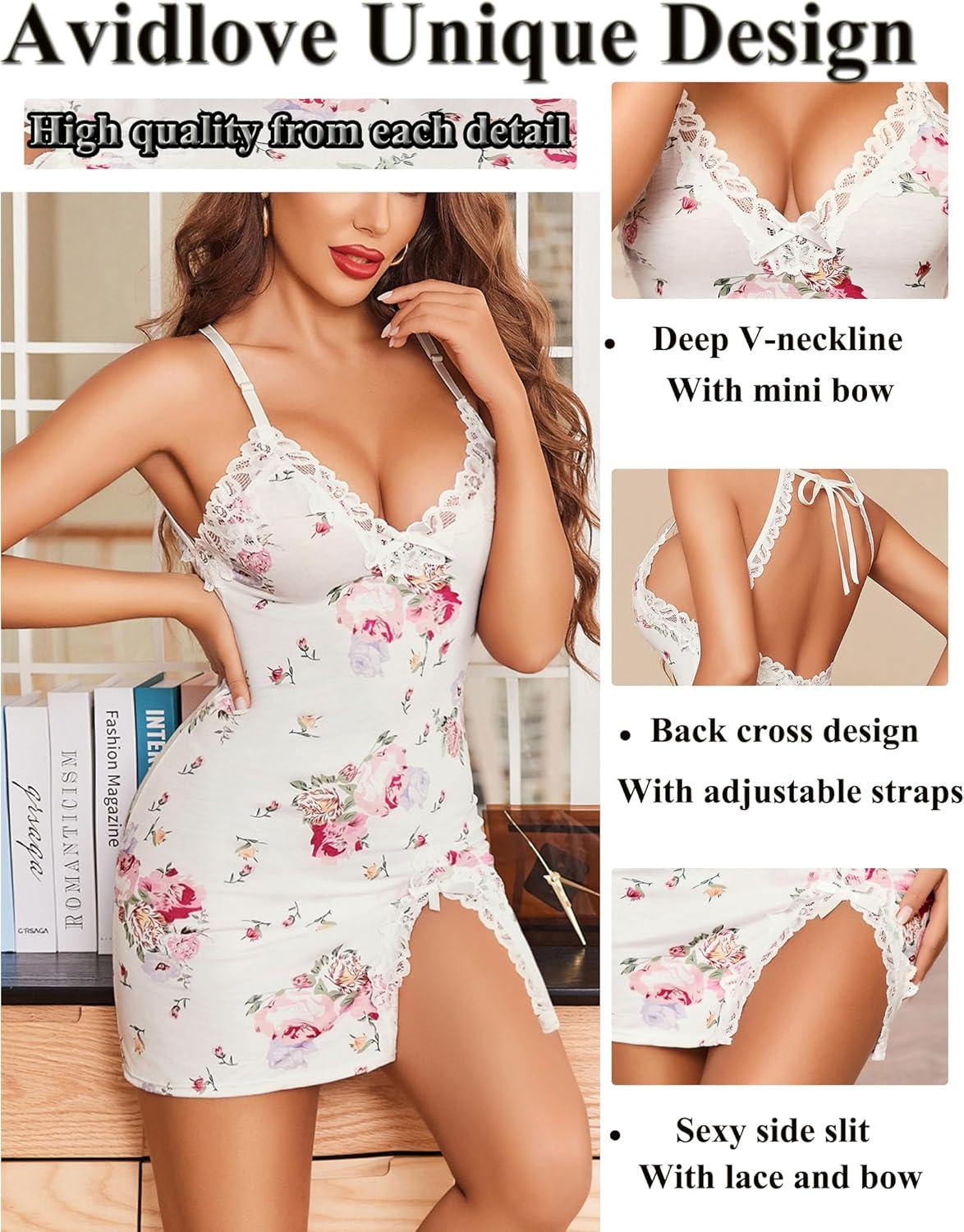 imageAvidlove Womens Lingerie Sexy Lace Babydoll V Neck Sleepwear Cotton Nightgowns for Women ChemisePink Floral