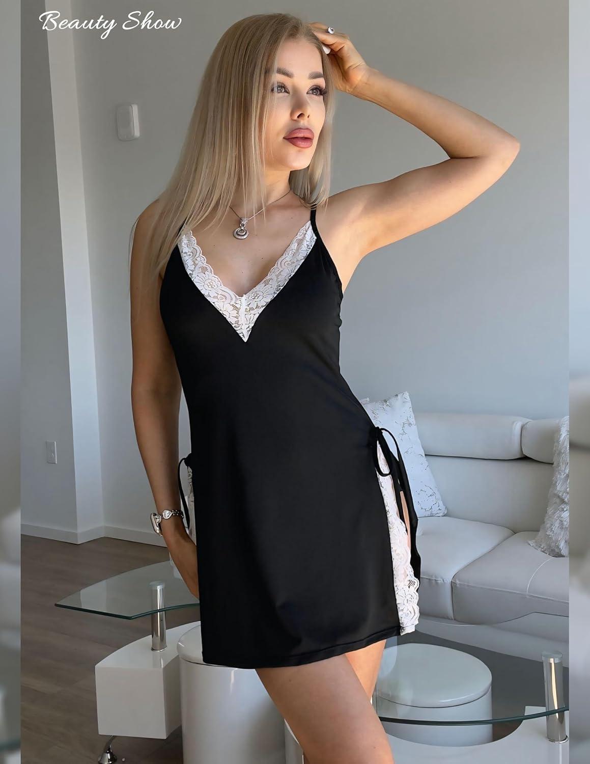imageAvidlove Womens Lingerie Sexy Nightgown Milk Silk Sleepwear Lace Babydoll Chemise Side Slit Nightie with ThongBlack02