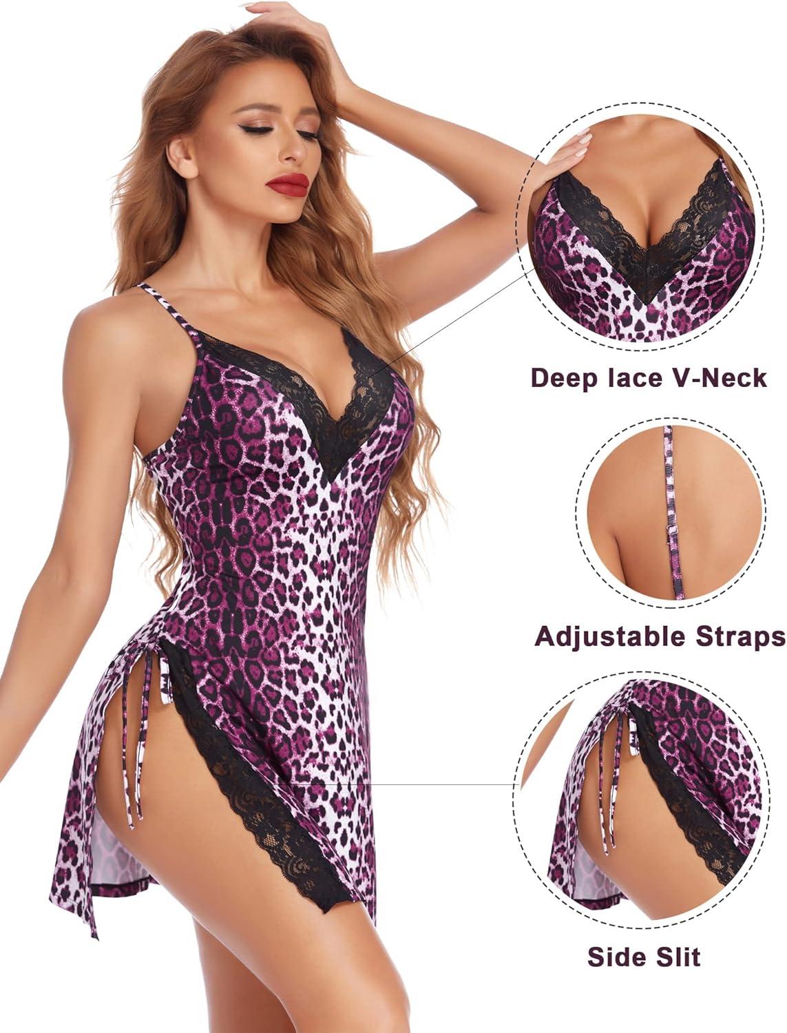 imageAvidlove Womens Lingerie Sexy Nightgown Milk Silk Sleepwear Lace Babydoll Chemise Side Slit Nightie with ThongBleopardpurple