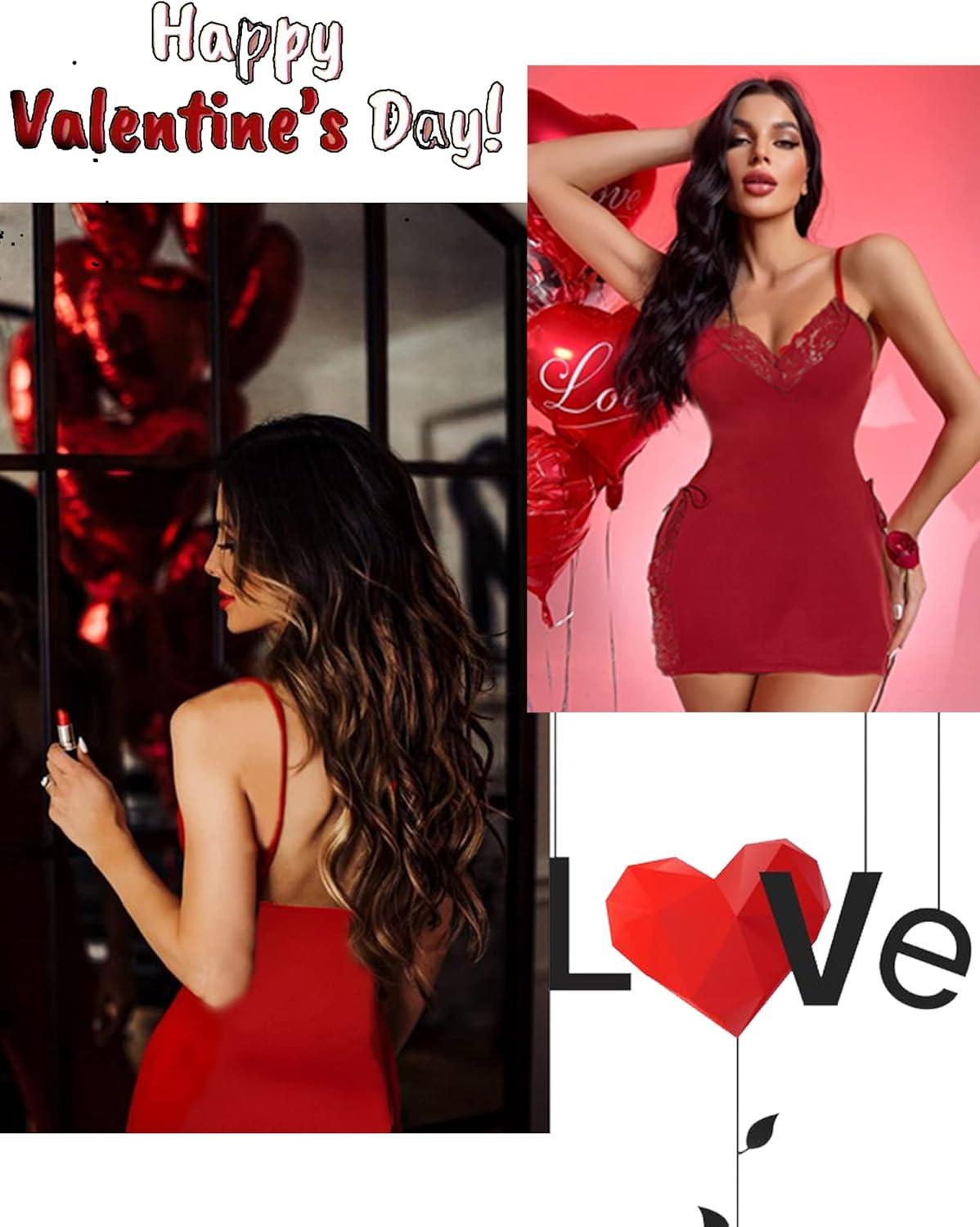 imageAvidlove Womens Lingerie Sexy Nightgown Milk Silk Sleepwear Lace Babydoll Chemise Side Slit Nightie with ThongDark Red
