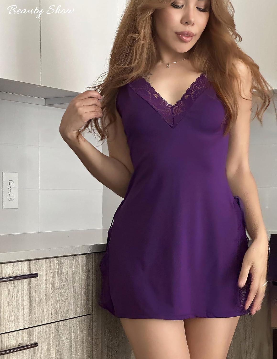 imageAvidlove Womens Lingerie Sexy Nightgown Milk Silk Sleepwear Lace Babydoll Chemise Side Slit Nightie with ThongDeep Purple