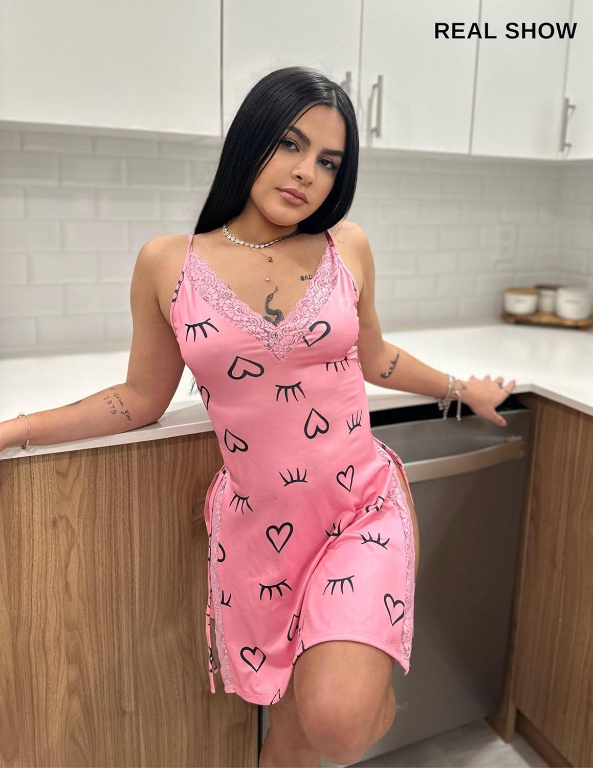 imageAvidlove Womens Lingerie Sexy Nightgown Milk Silk Sleepwear Lace Babydoll Chemise Side Slit Nightie with ThongHeart Pink