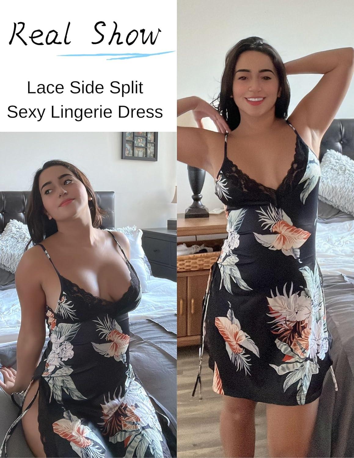imageAvidlove Womens Lingerie Sexy Nightgown Milk Silk Sleepwear Lace Babydoll Chemise Side Slit Nightie with ThongPlants