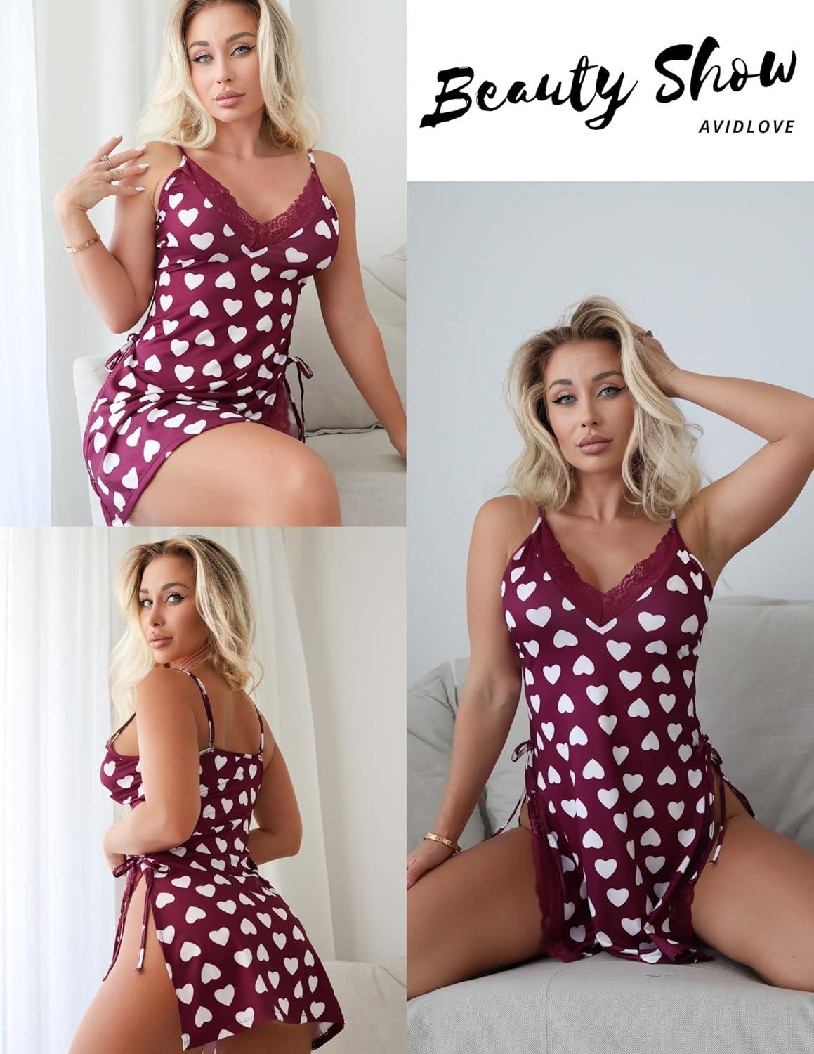 imageAvidlove Womens Lingerie Sexy Nightgown Milk Silk Sleepwear Lace Babydoll Chemise Side Slit Nightie with ThongPurple Love