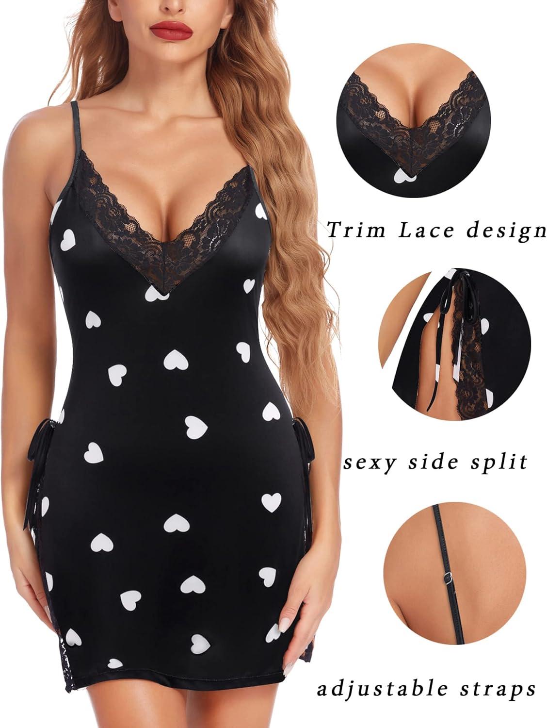 imageAvidlove Womens Lingerie Sexy Nightgown Milk Silk Sleepwear Lace Babydoll Chemise Side Slit Nightie with ThongWhite Heart