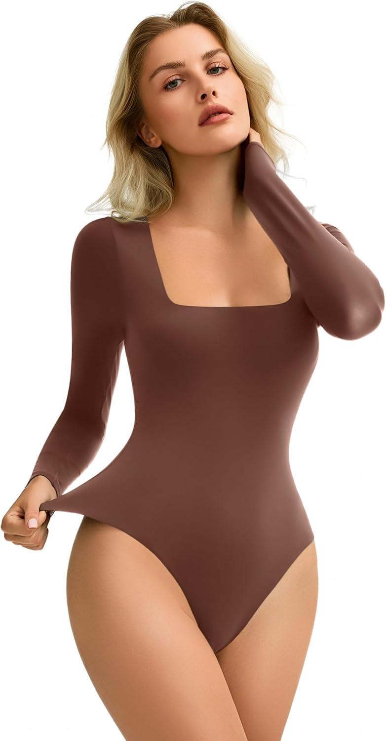 imageAvidlove Womens Long Sleeve Bodysuit Double Lined Square Neck Body Suit Tops Snap Closure SoftBrown