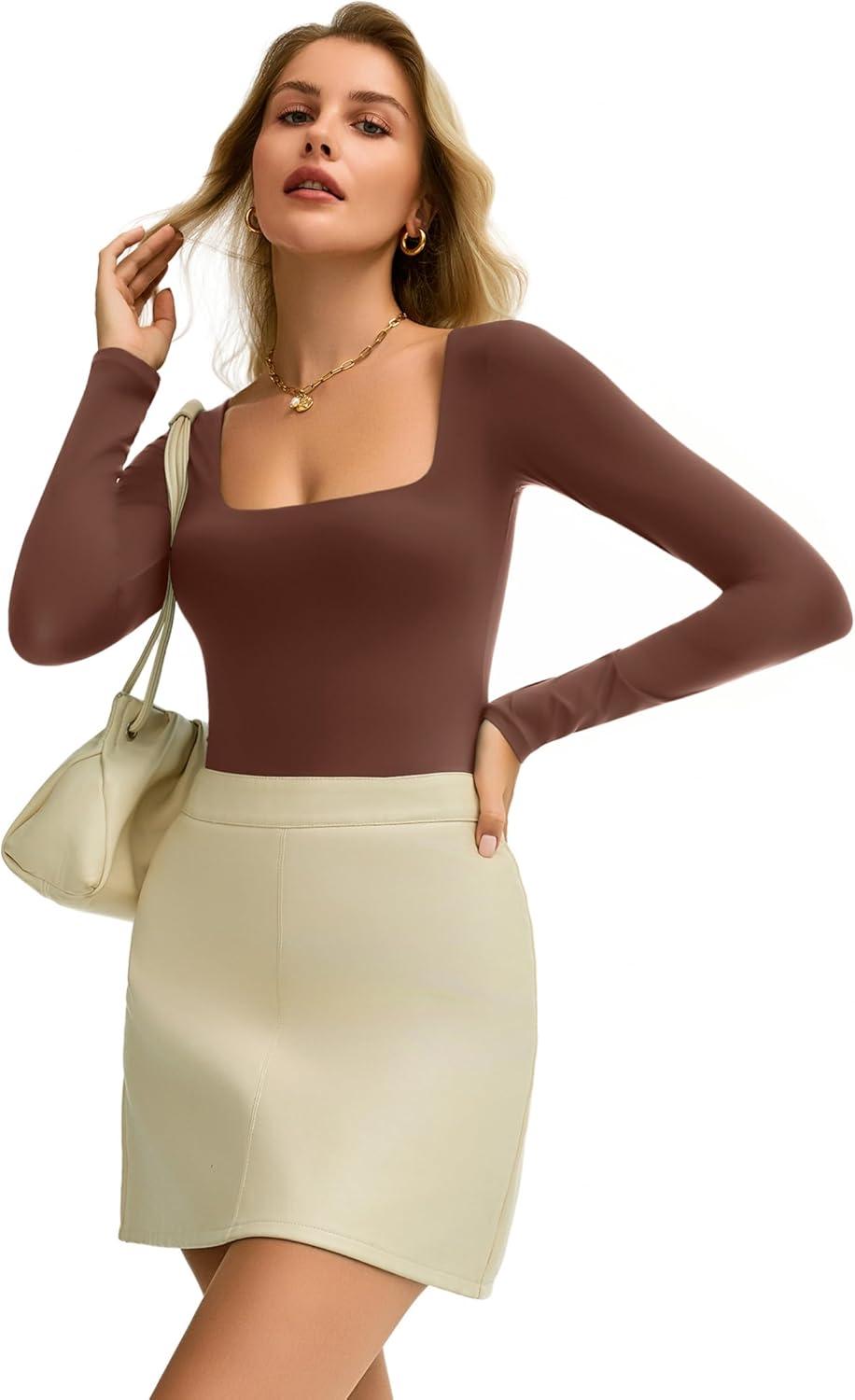 imageAvidlove Womens Long Sleeve Bodysuit Double Lined Square Neck Body Suit Tops Snap Closure SoftBrown