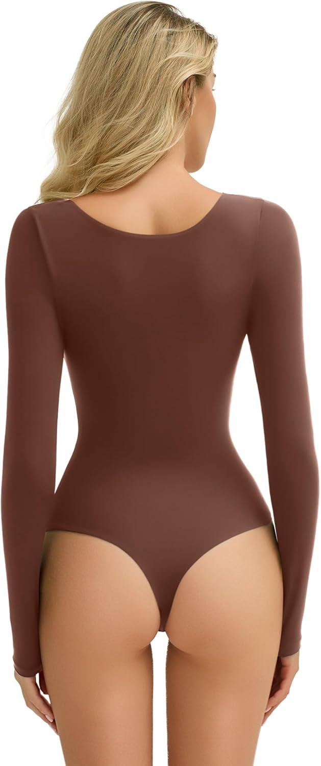 imageAvidlove Womens Long Sleeve Bodysuit Double Lined Square Neck Body Suit Tops Snap Closure SoftBrown