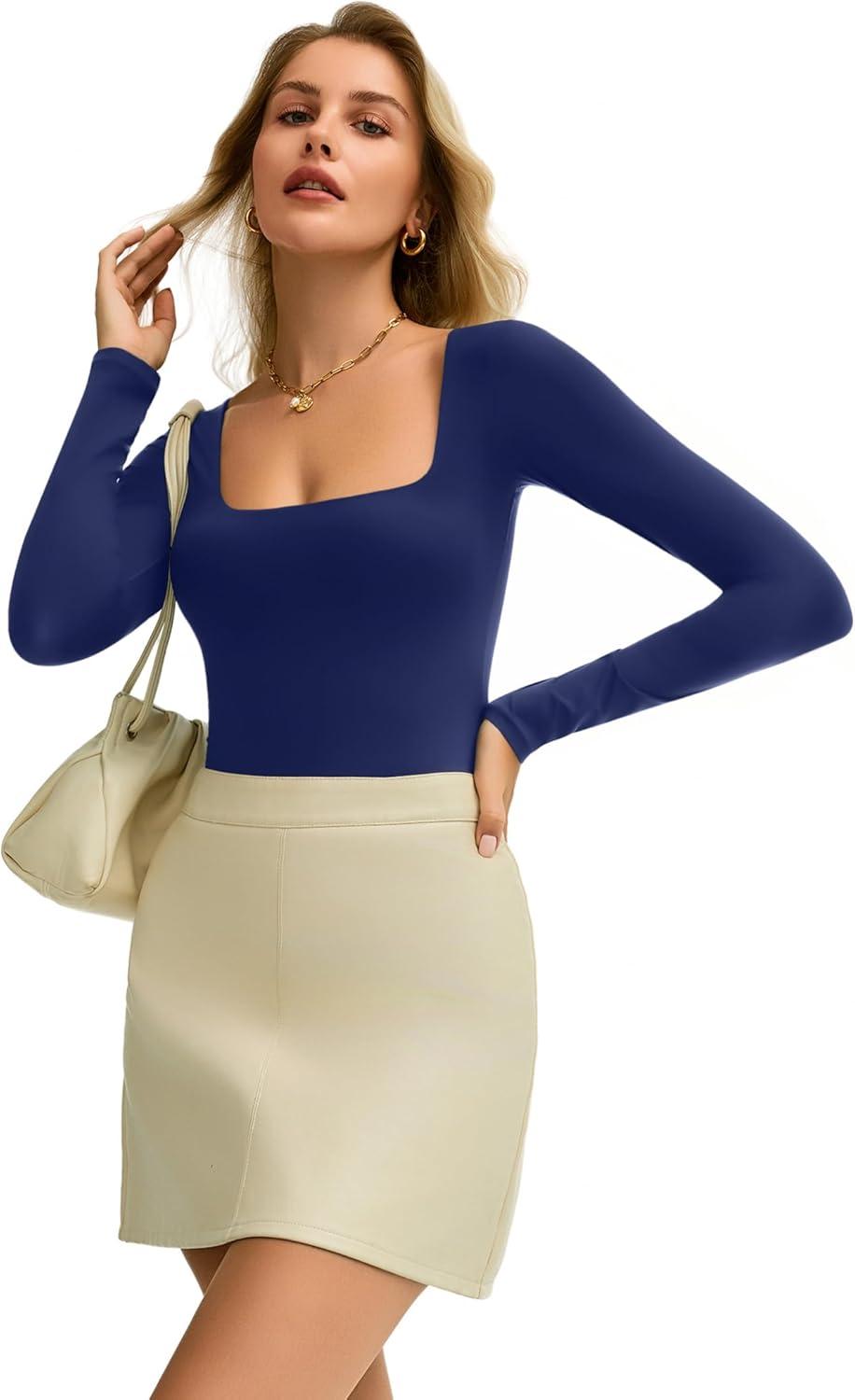 imageAvidlove Womens Long Sleeve Bodysuit Double Lined Square Neck Body Suit Tops Snap Closure SoftDark Blue