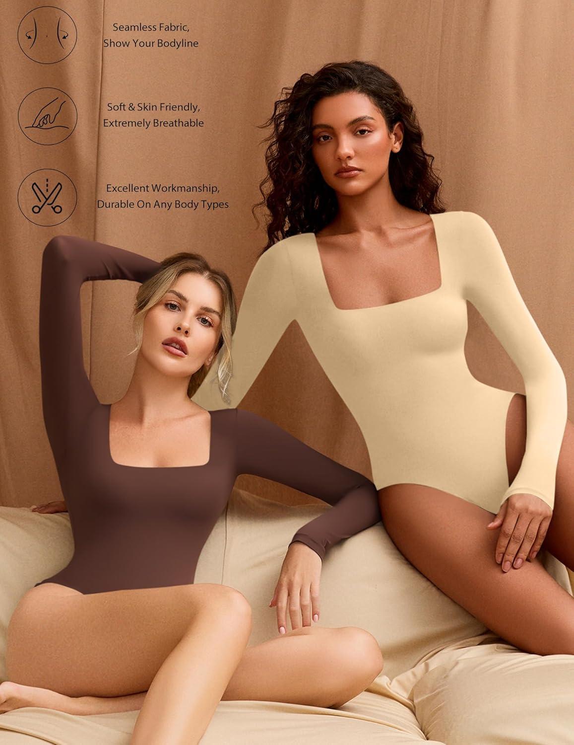 imageAvidlove Womens Long Sleeve Bodysuit Double Lined Square Neck Body Suit Tops Snap Closure SoftNude