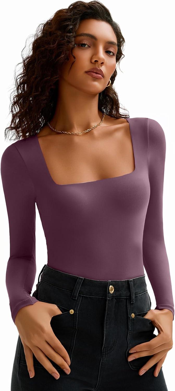 imageAvidlove Womens Long Sleeve Bodysuit Double Lined Square Neck Body Suit Tops Snap Closure SoftPurple