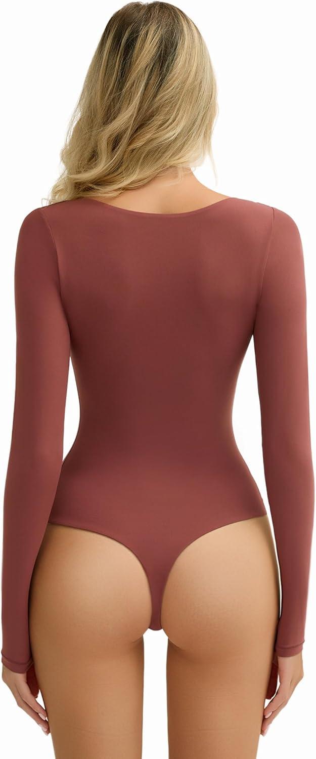 imageAvidlove Womens Long Sleeve Bodysuit Double Lined Square Neck Body Suit Tops Snap Closure SoftPurple Red