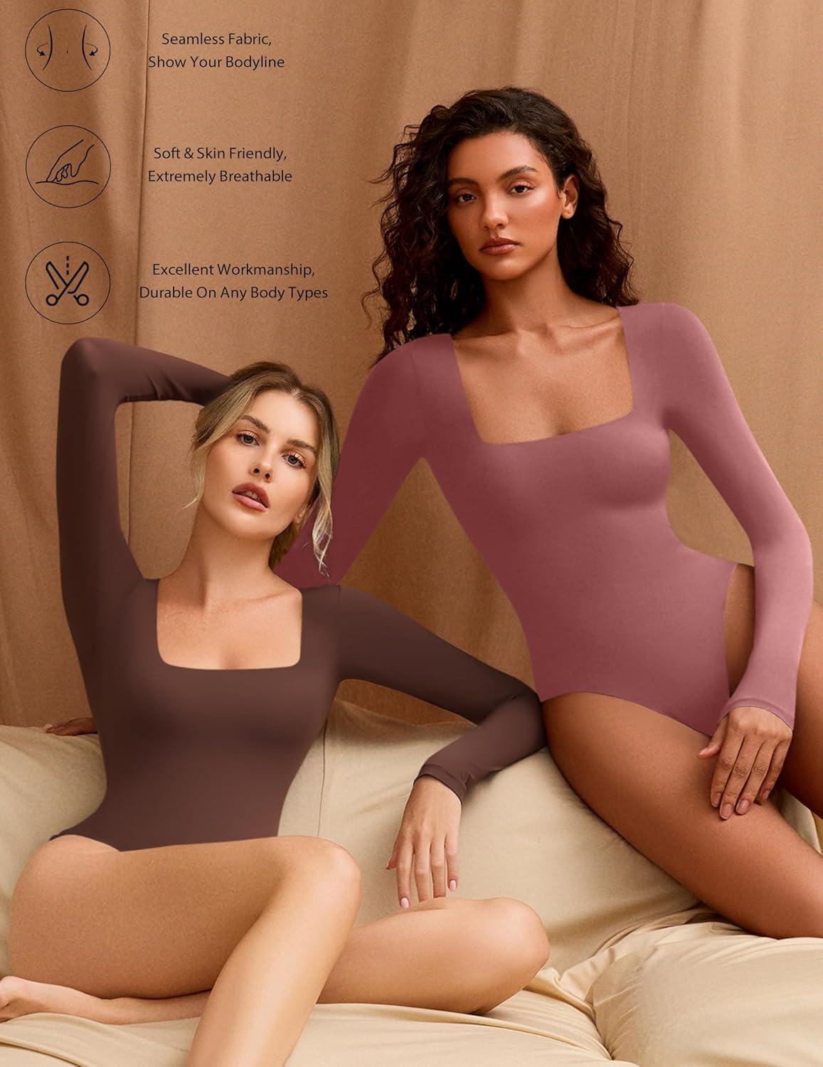 imageAvidlove Womens Long Sleeve Bodysuit Double Lined Square Neck Body Suit Tops Snap Closure SoftPurple Red