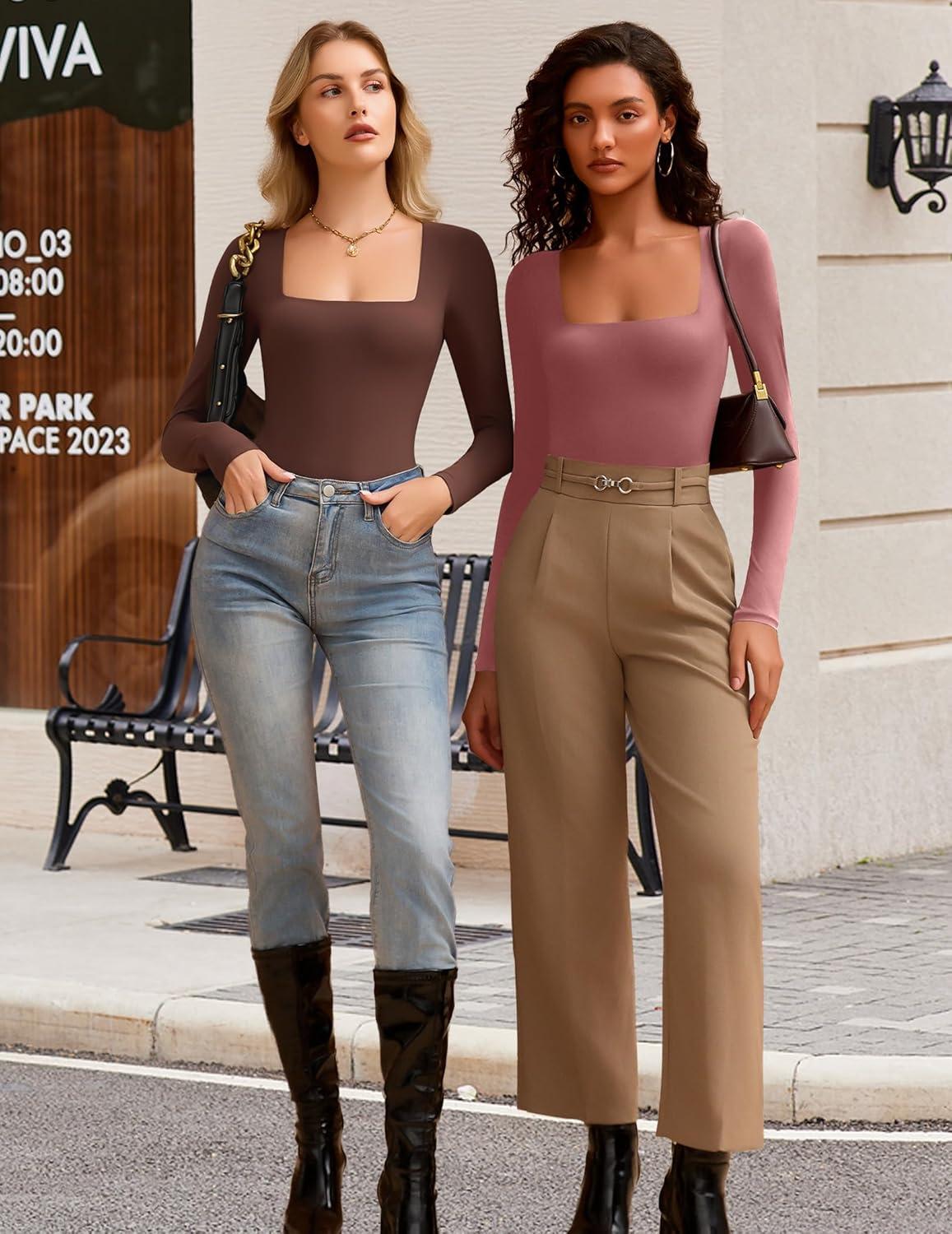 imageAvidlove Womens Long Sleeve Bodysuit Double Lined Square Neck Body Suit Tops Snap Closure SoftPurple Red