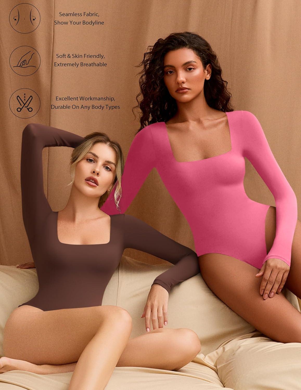 imageAvidlove Womens Long Sleeve Bodysuit Double Lined Square Neck Body Suit Tops Snap Closure SoftRose Red