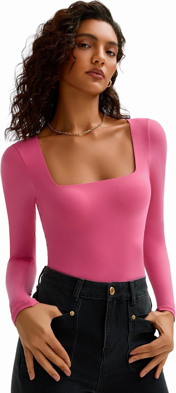 imageAvidlove Womens Long Sleeve Bodysuit Double Lined Square Neck Body Suit Tops Snap Closure SoftRose Red