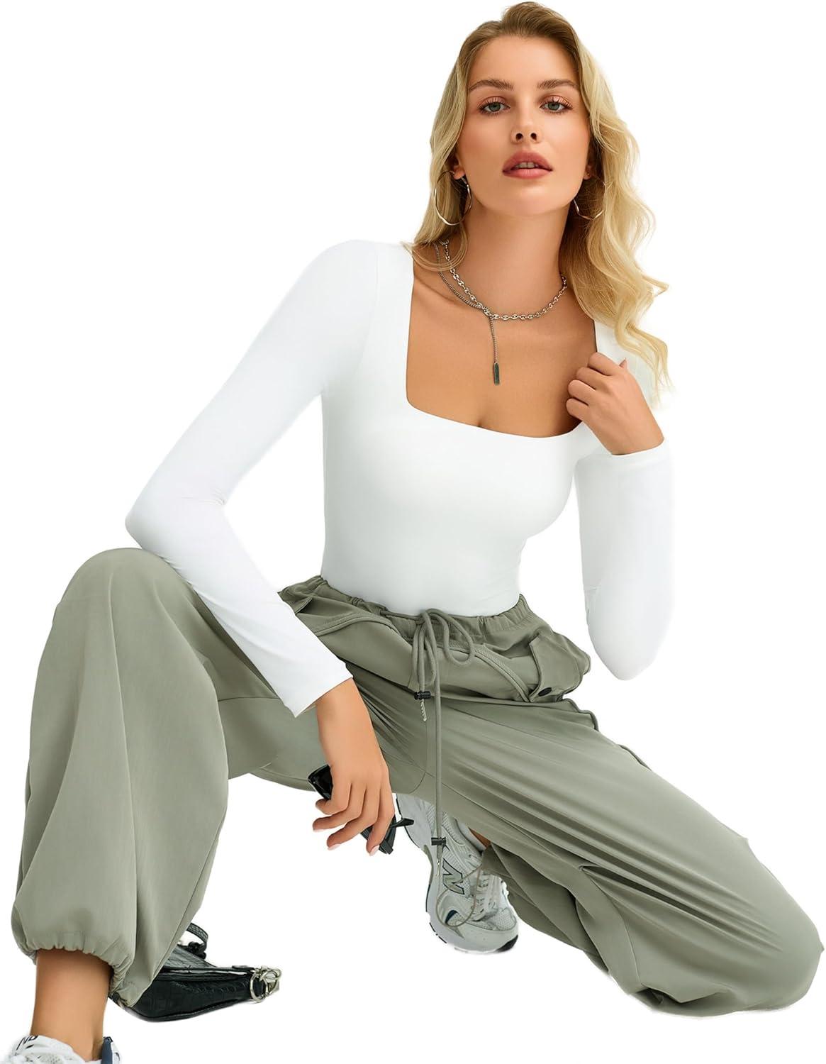 imageAvidlove Womens Long Sleeve Bodysuit Double Lined Square Neck Body Suit Tops Snap Closure SoftWhite