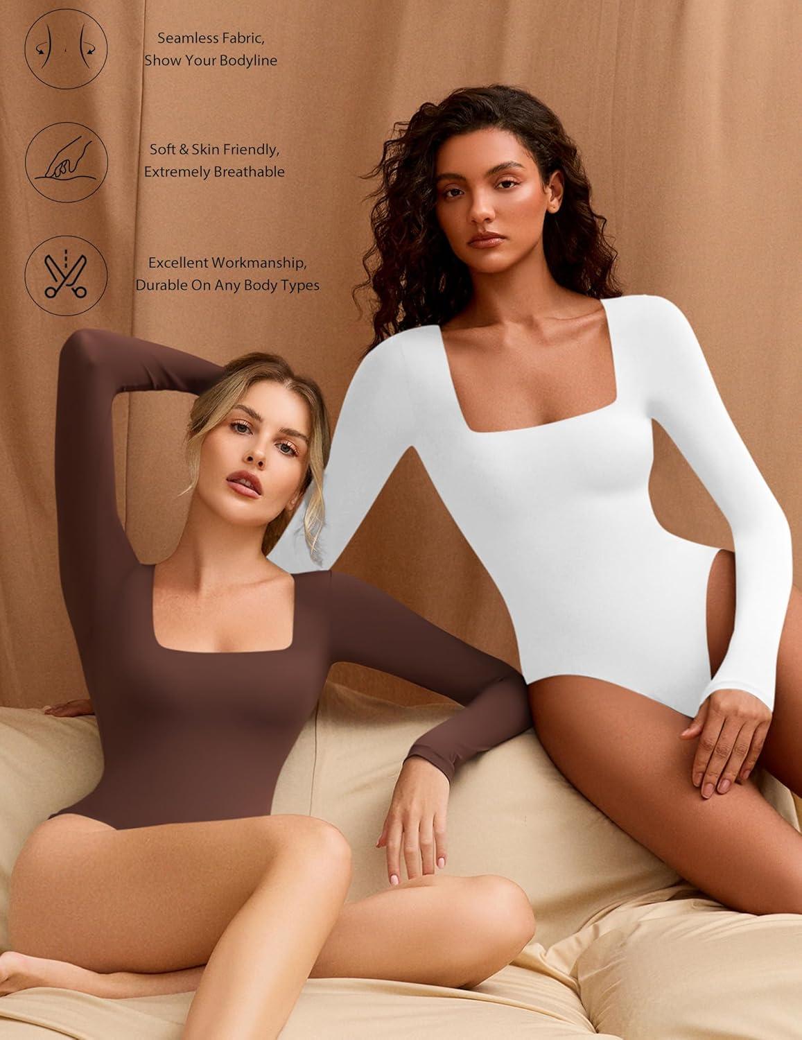 imageAvidlove Womens Long Sleeve Bodysuit Double Lined Square Neck Body Suit Tops Snap Closure SoftWhite