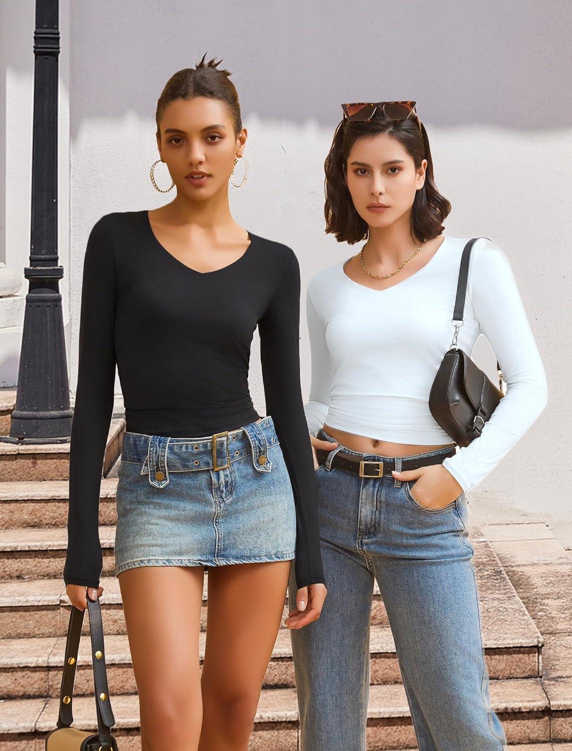imageAvidlove Womens Long Sleeve Tops Sweetheart Neck Y2k Double Lined Bodysuit Top Fitted Basic Tee Going Out ShirtsBlack