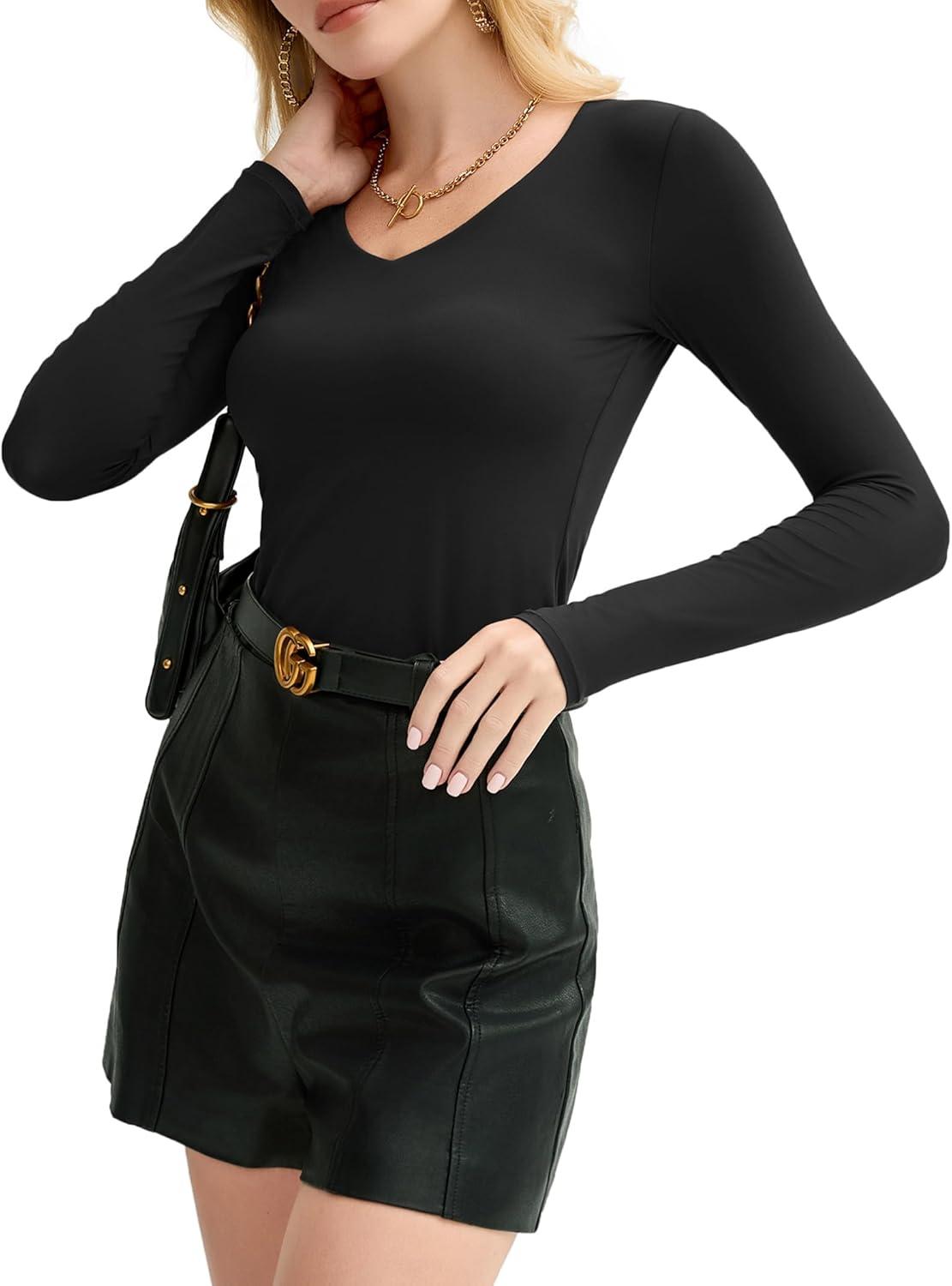 imageAvidlove Womens Long Sleeve Tops Sweetheart Neck Y2k Double Lined Bodysuit Top Fitted Basic Tee Going Out ShirtsBlack