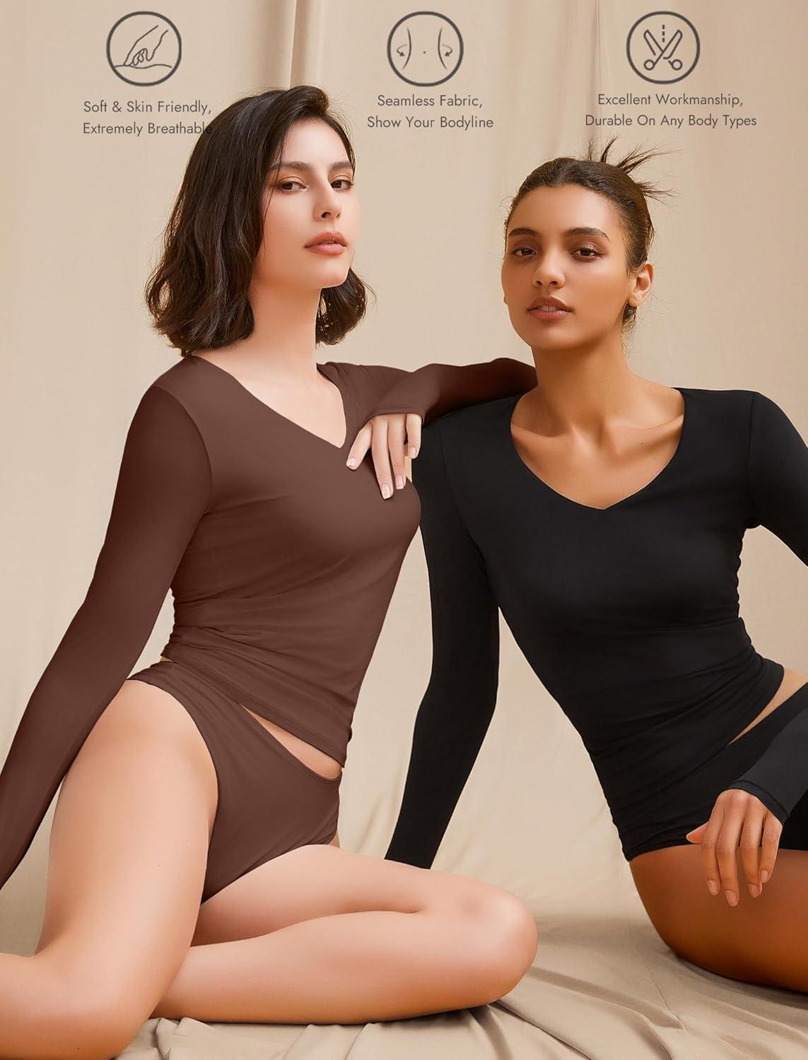 imageAvidlove Womens Long Sleeve Tops Sweetheart Neck Y2k Double Lined Bodysuit Top Fitted Basic Tee Going Out ShirtsBrown