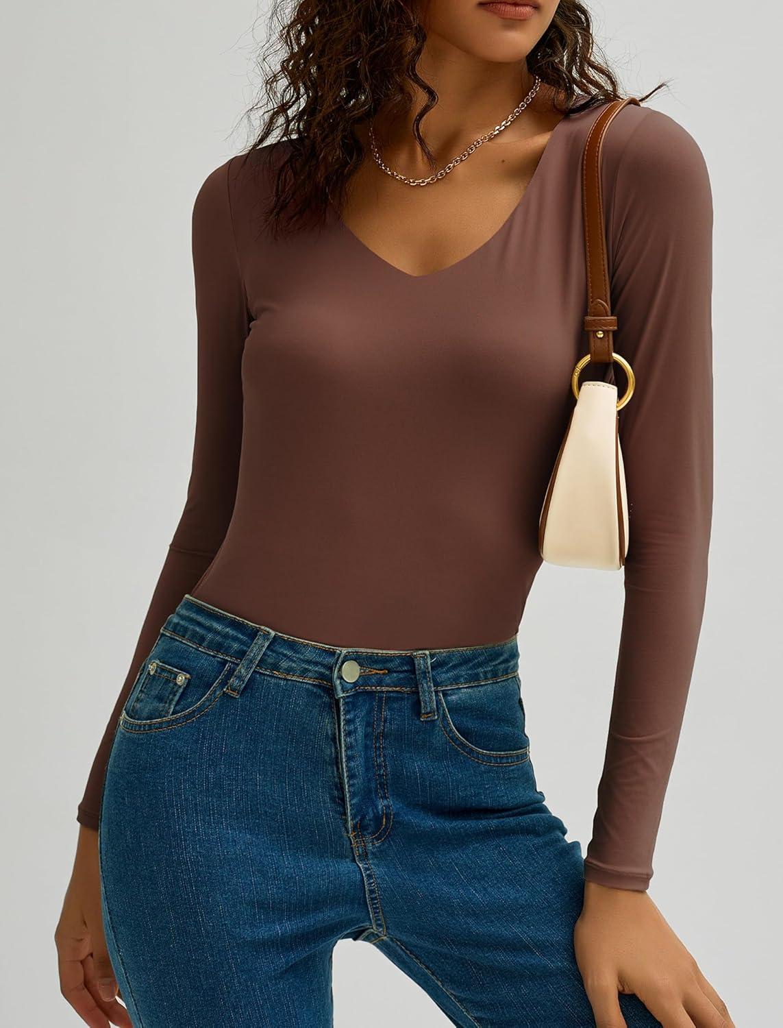 imageAvidlove Womens Long Sleeve Tops Sweetheart Neck Y2k Double Lined Bodysuit Top Fitted Basic Tee Going Out ShirtsBrown